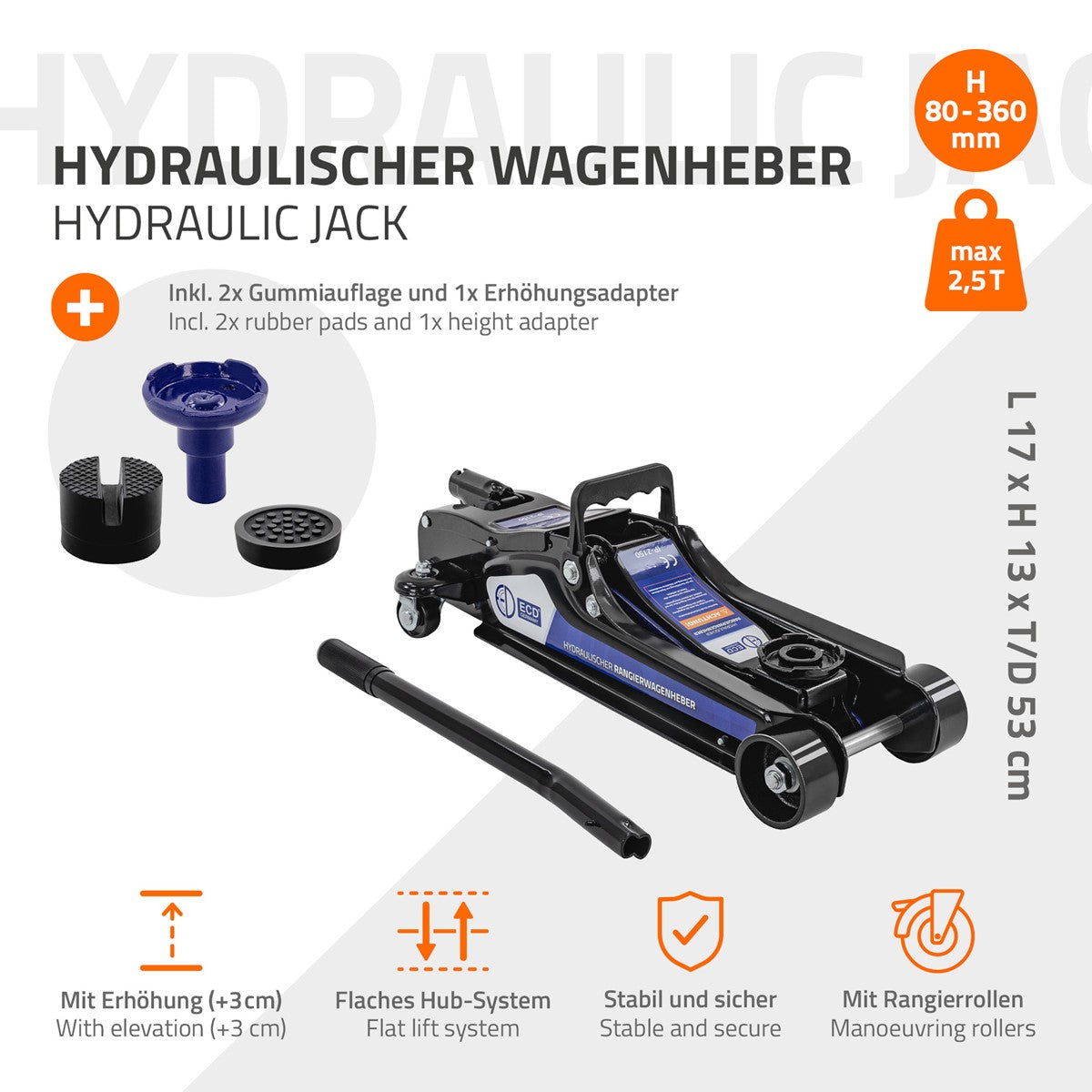 Hydraulischer Wagenheber mit technischen Details und Zubehör.