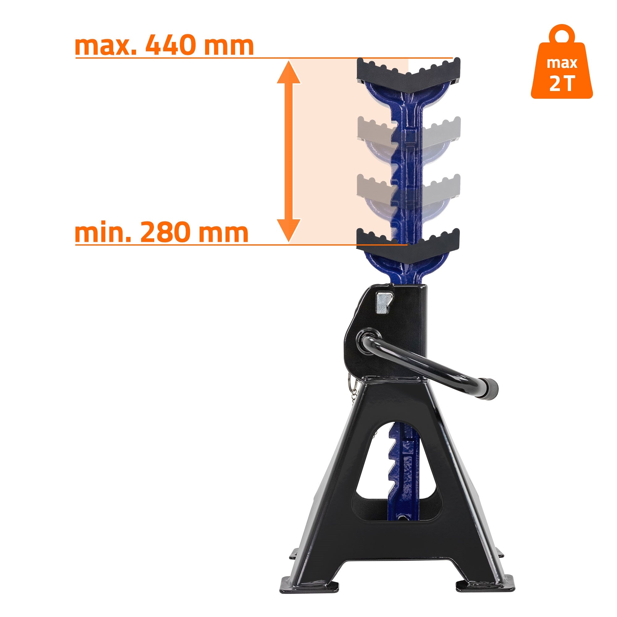 Seitenansicht eines Wagenhebers mit maximaler und minimaler Höhe.
