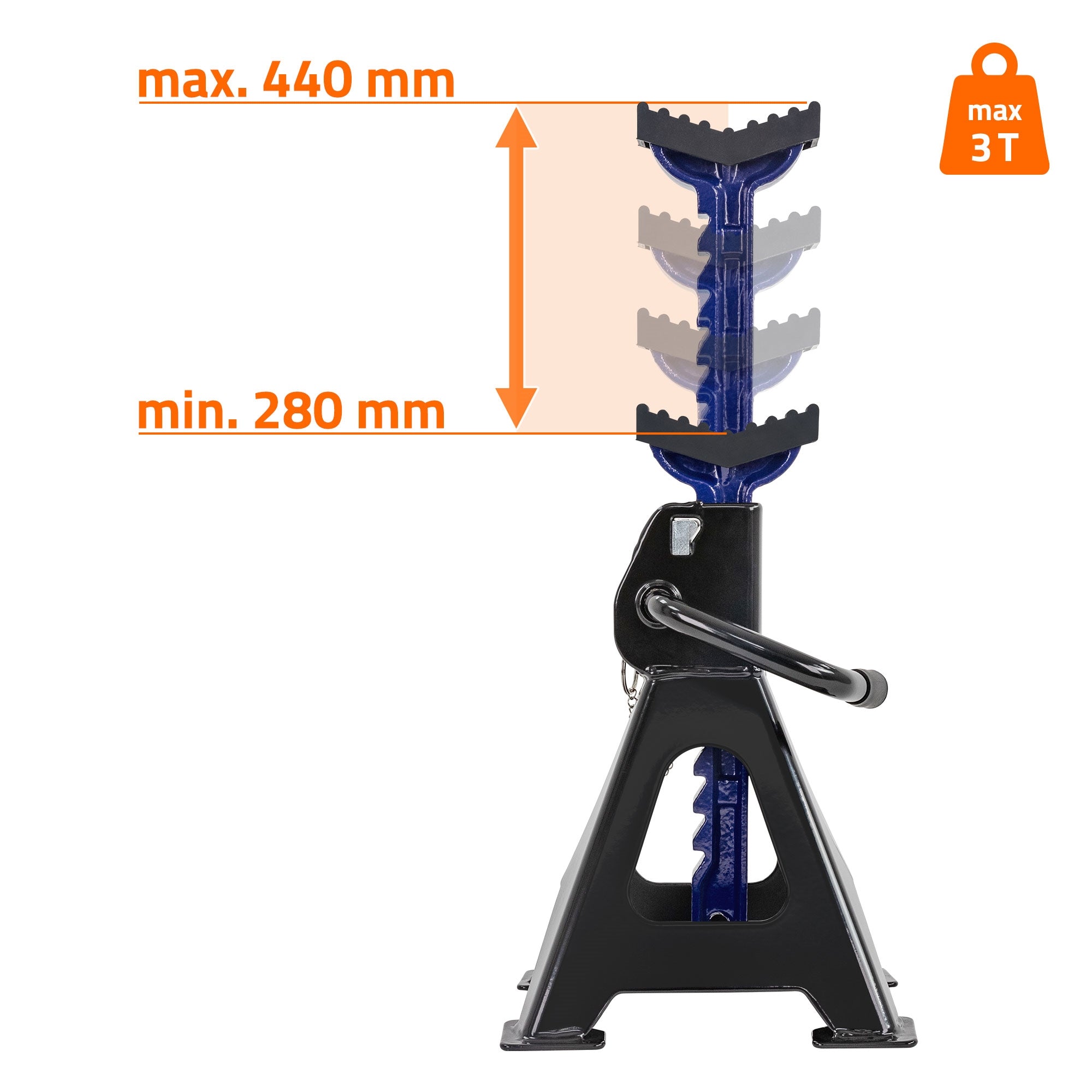 Höhenverstellbarer Ständer mit maximaler Höhe von 440 mm und minimaler Höhe von 280 mm.