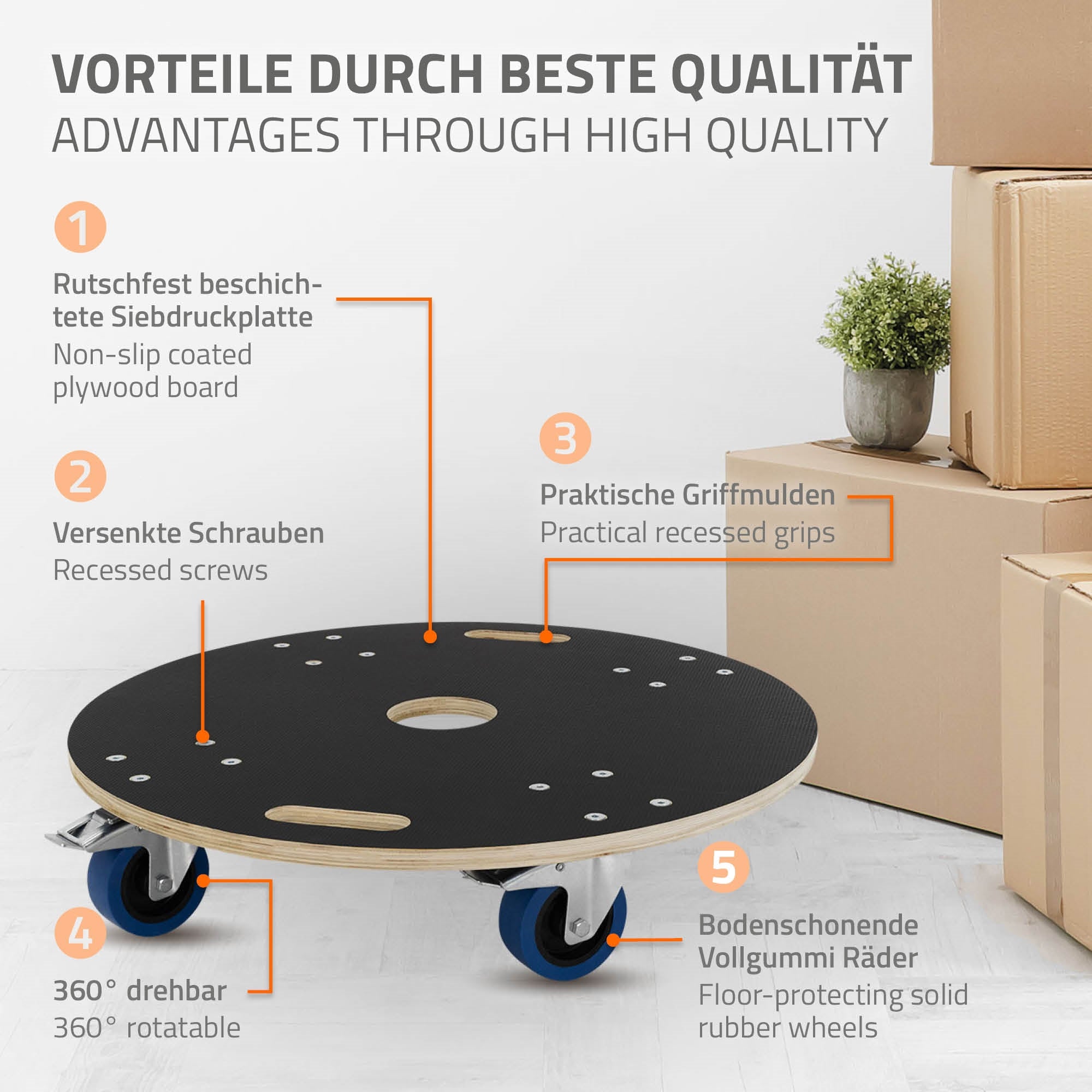 Rollbrett mit rutschfester Oberfläche und versenkten Schrauben.
