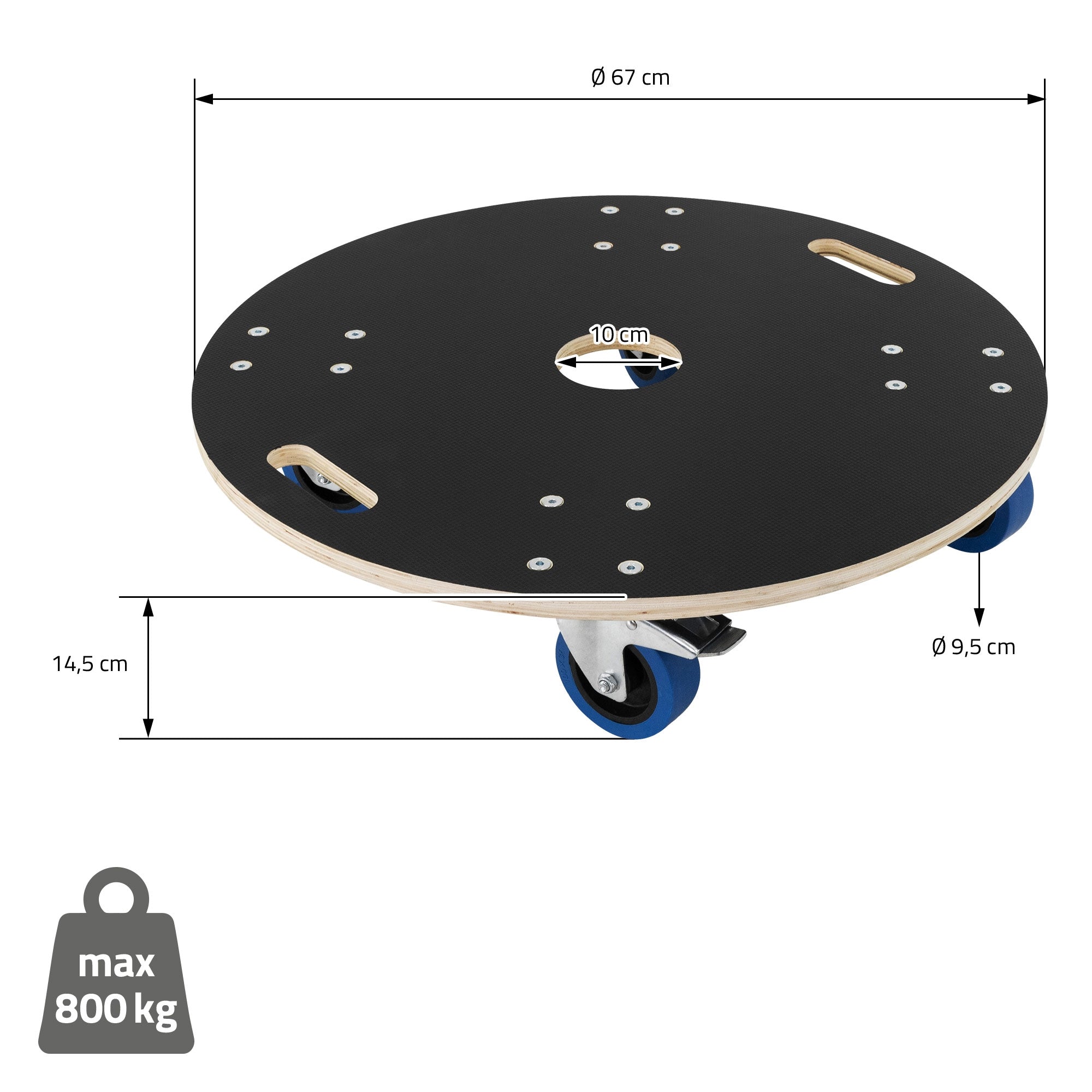Runder Möbelroller mit Abmessungen und Tragkraft von 800 kg.