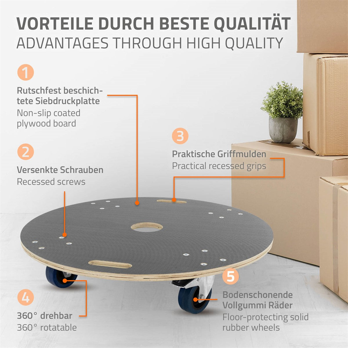 Vorteile eines Transportwagens mit rutschfester Oberfläche und praktischen Griffmulden.