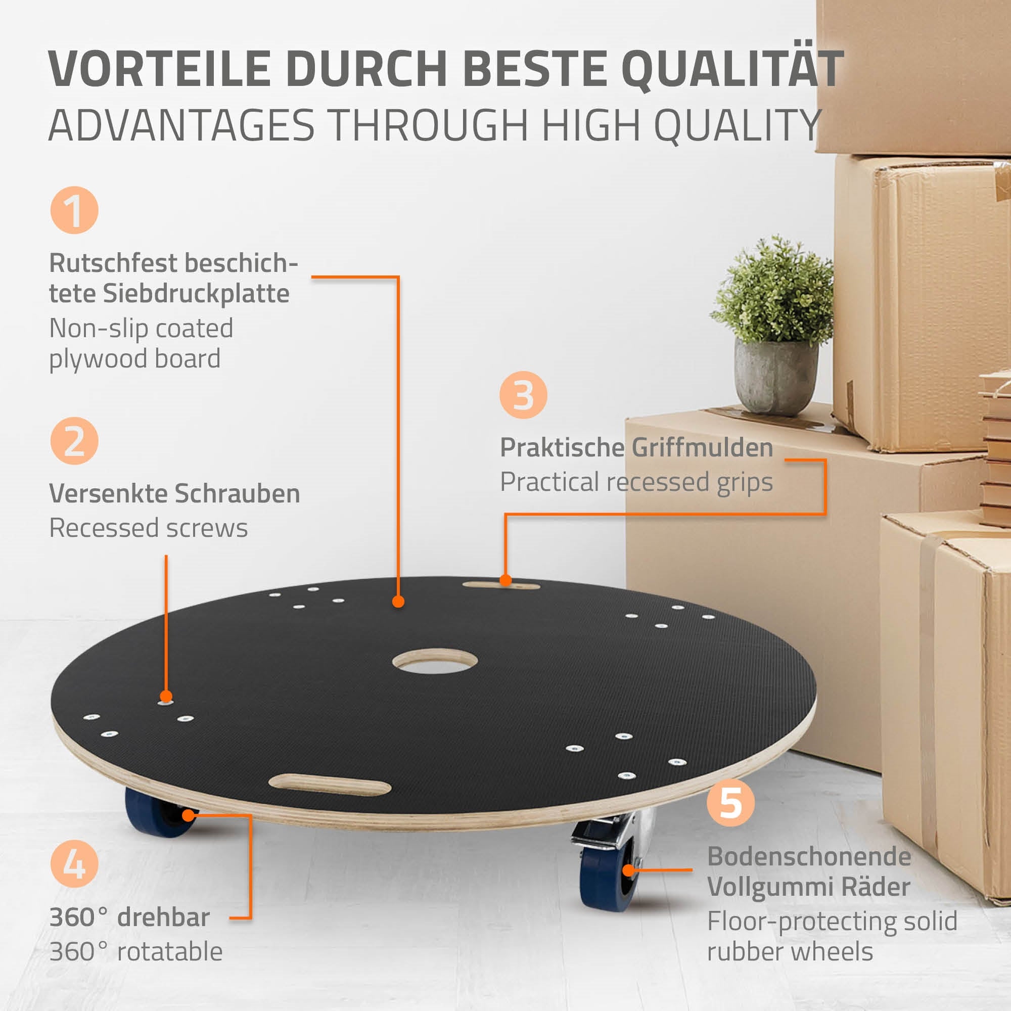 Ein runder, drehbarer Tisch mit rutschfester Oberfläche und praktischen Griffmulden.