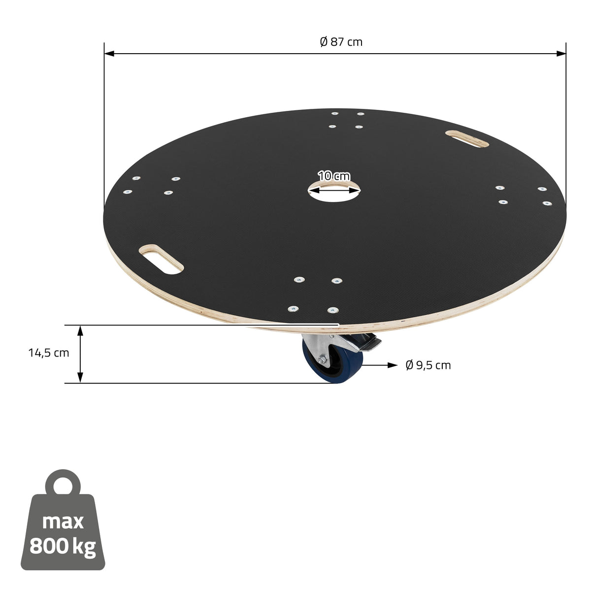 Runder, schwarzer Tisch mit Maßen und Tragkraft von 800 kg.