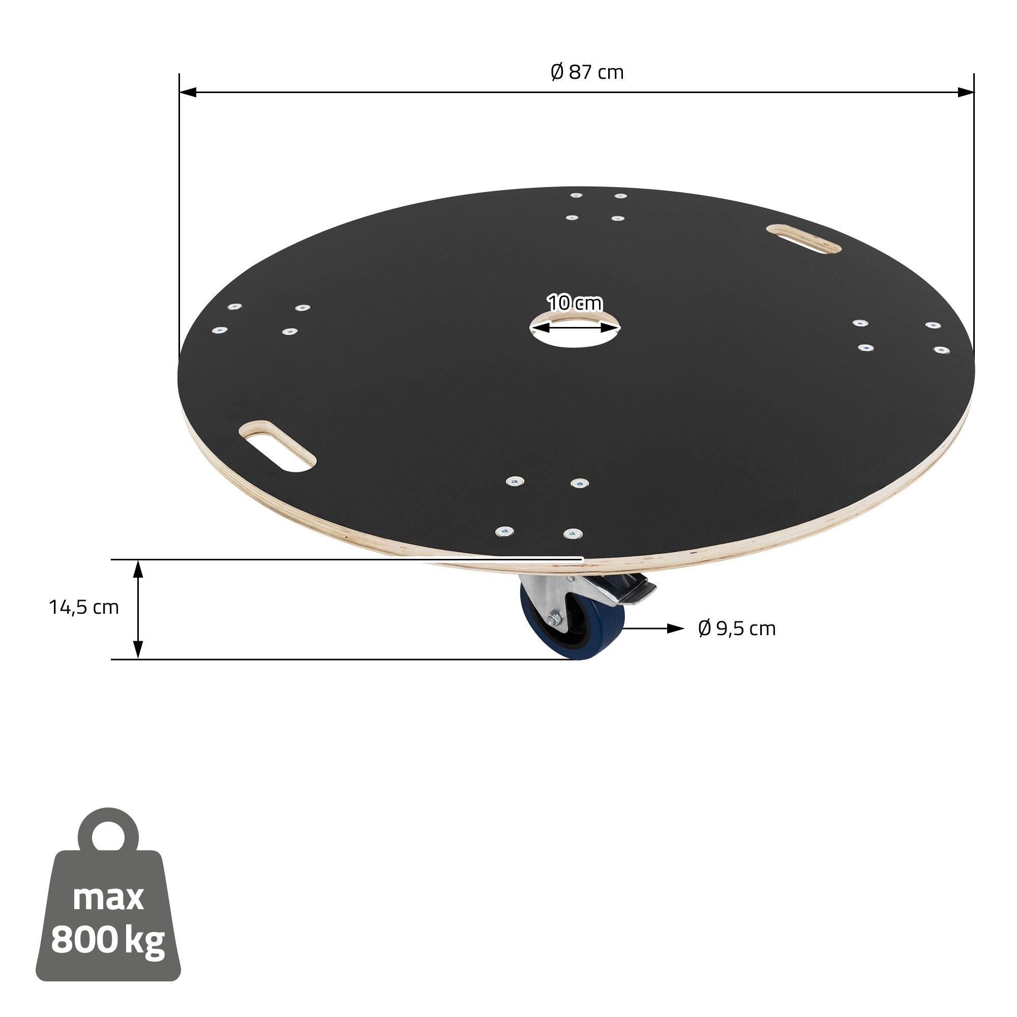 Runder, schwarzer Tisch mit Maßen und Tragkraft von 800 kg.