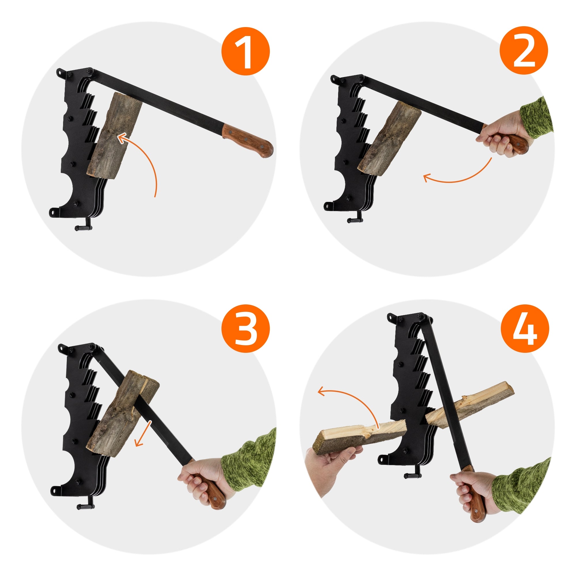Vier Schritte zur Verwendung eines Holzspalters, dargestellt in Illustrationen.
