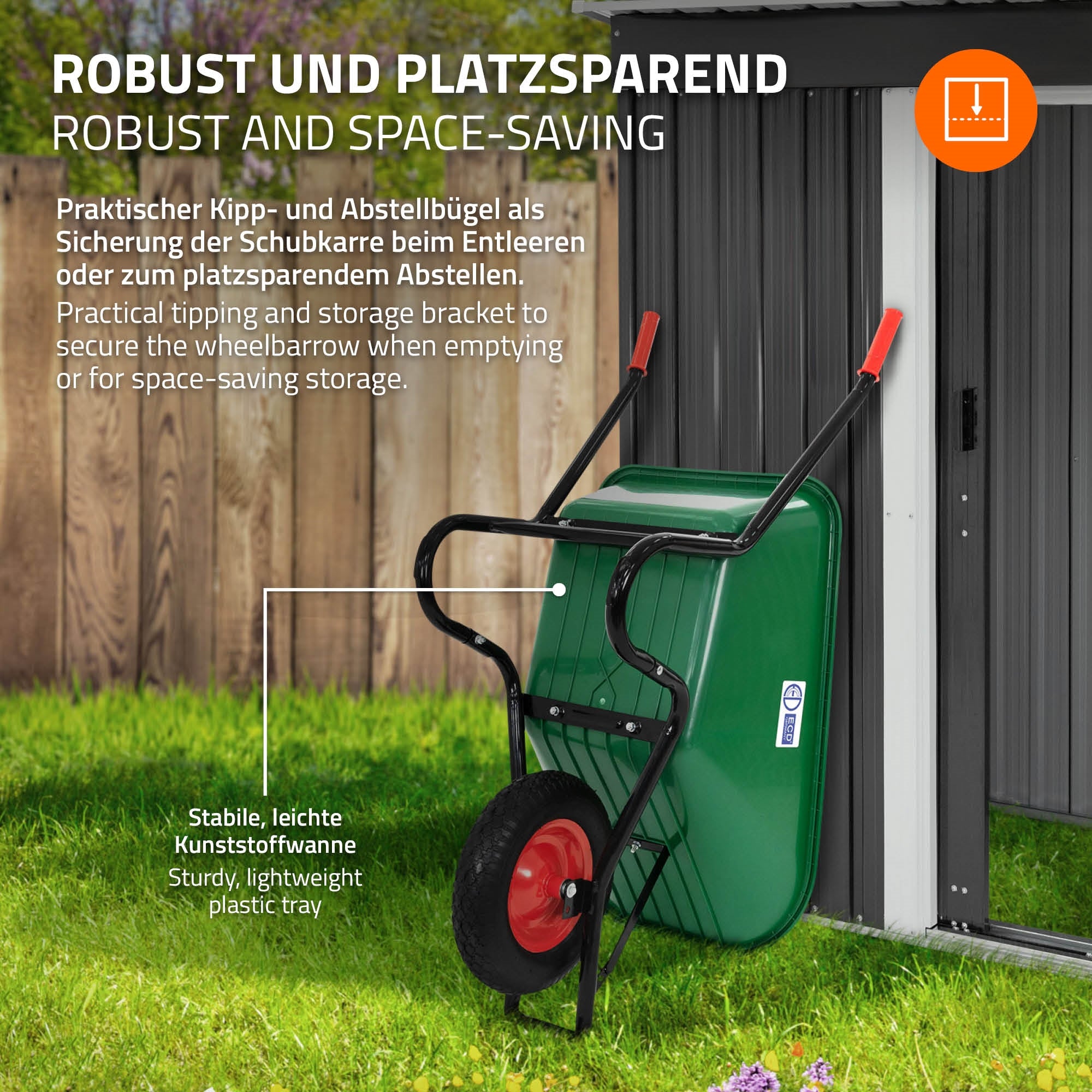 Schubkarre mit Kippvorrichtung und Platzsparendem Design.
