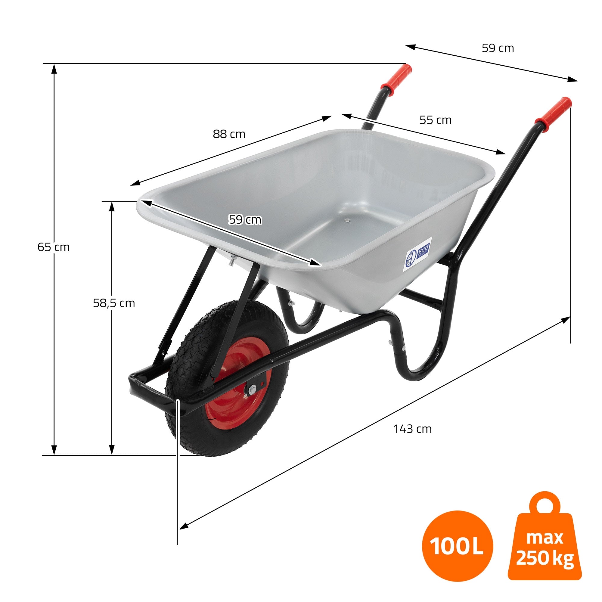 Carriola con dimensioni: volume di 100L, capacità massima di 250 kg, misura.