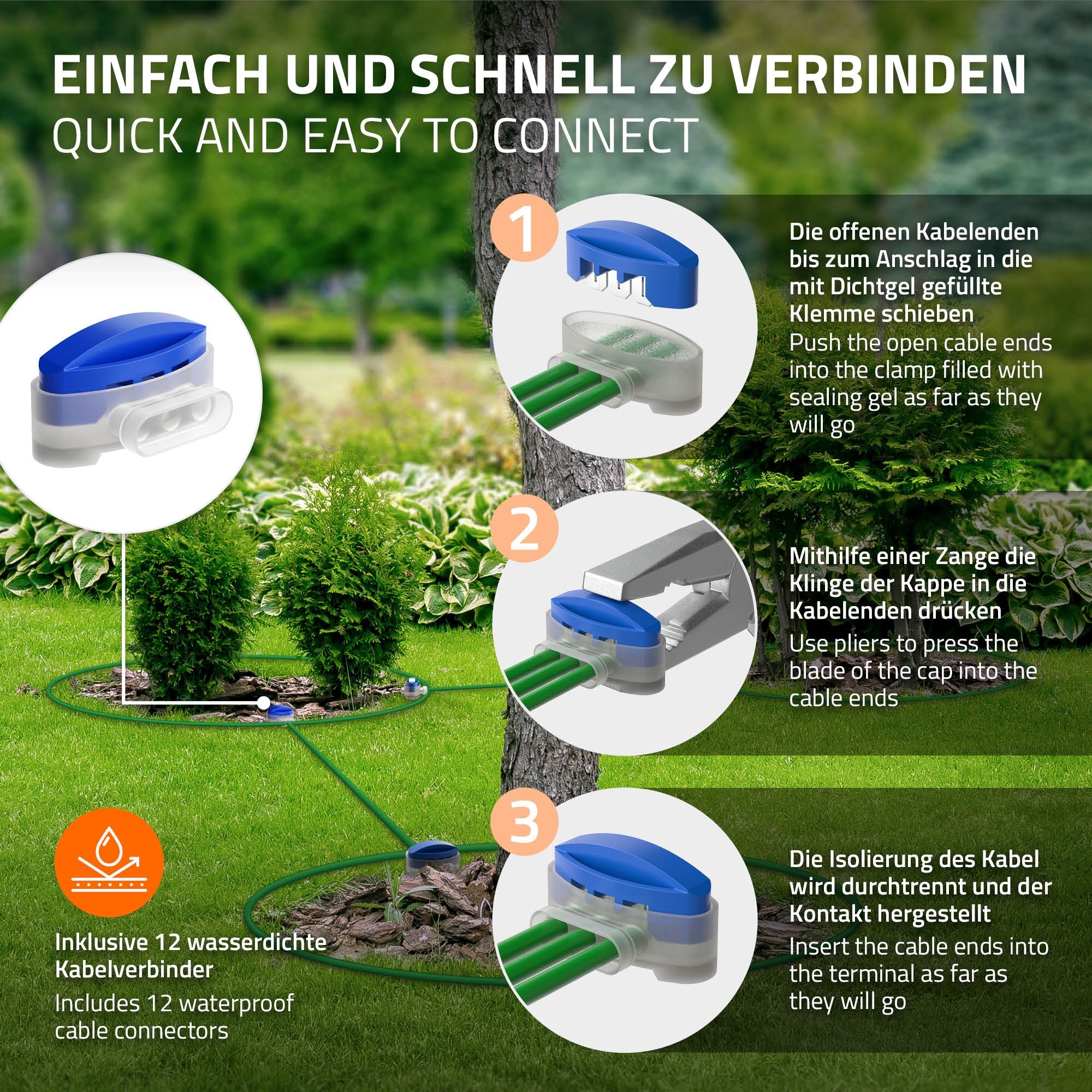 Anleitung zum Verbinden von Kabeln mit Bildern und Text in Deutsch und Englisch.