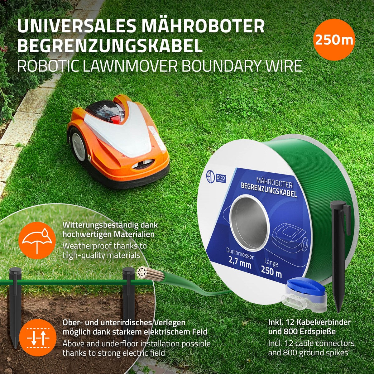 Cavo di delimitazione per robot tosaerba su una bobina, verde, con dettagli tecnici.