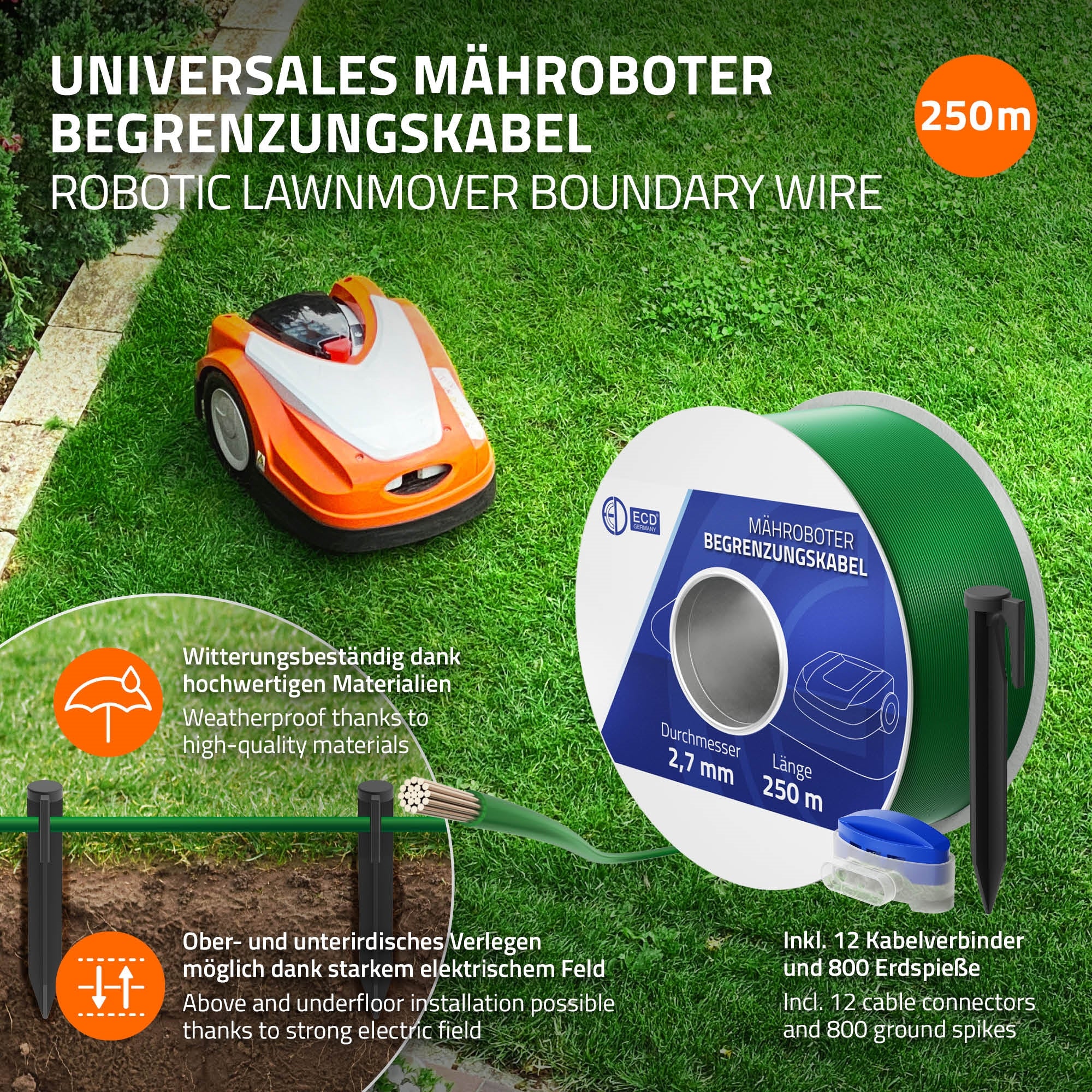 Mähroboter Begrenzungskabel auf einer Rolle, grün, mit technischen Details.
