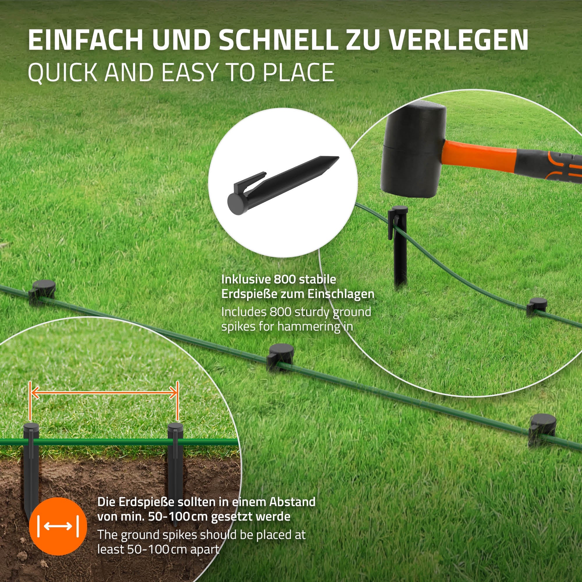 Hammer und Erdspieße zur Befestigung eines Begrenzungskabels im Garten.