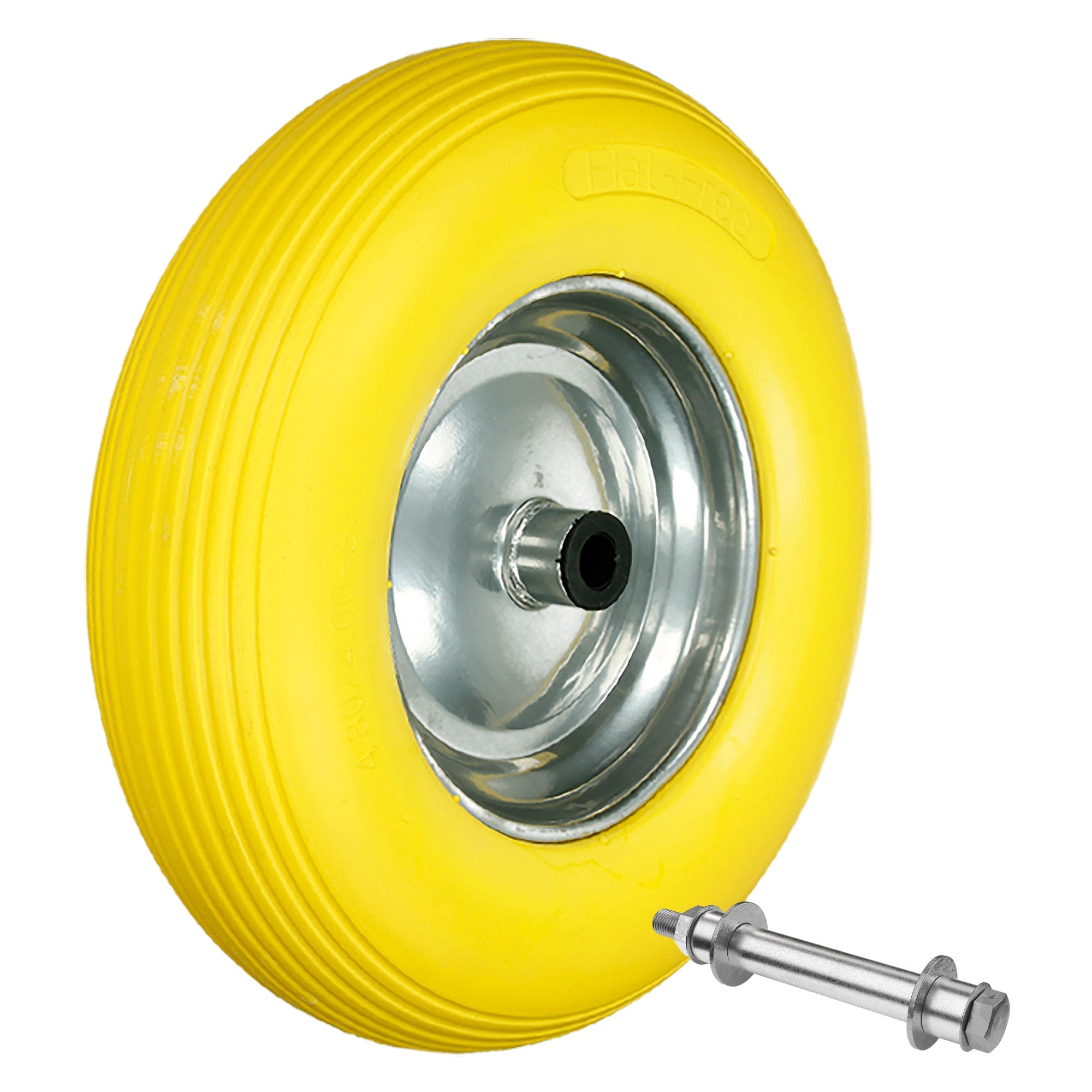 Yellow wheel with metal rim and axle on a white background.