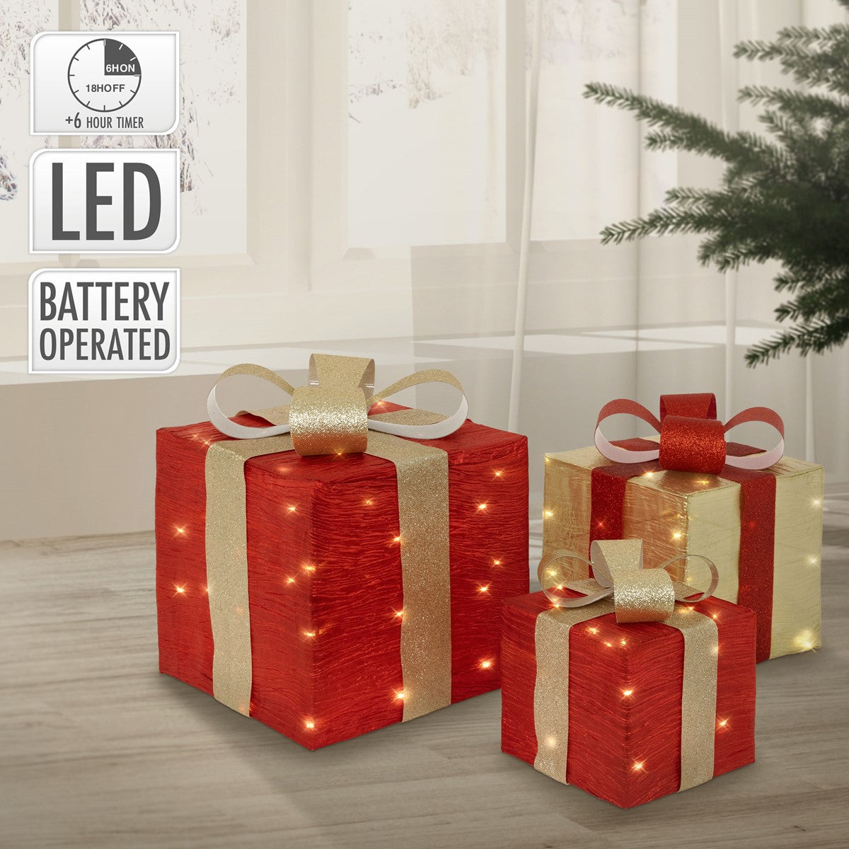 Drei dekorative Geschenke in Rot und Gold mit LED-Lichtern, batteriebetrieben.