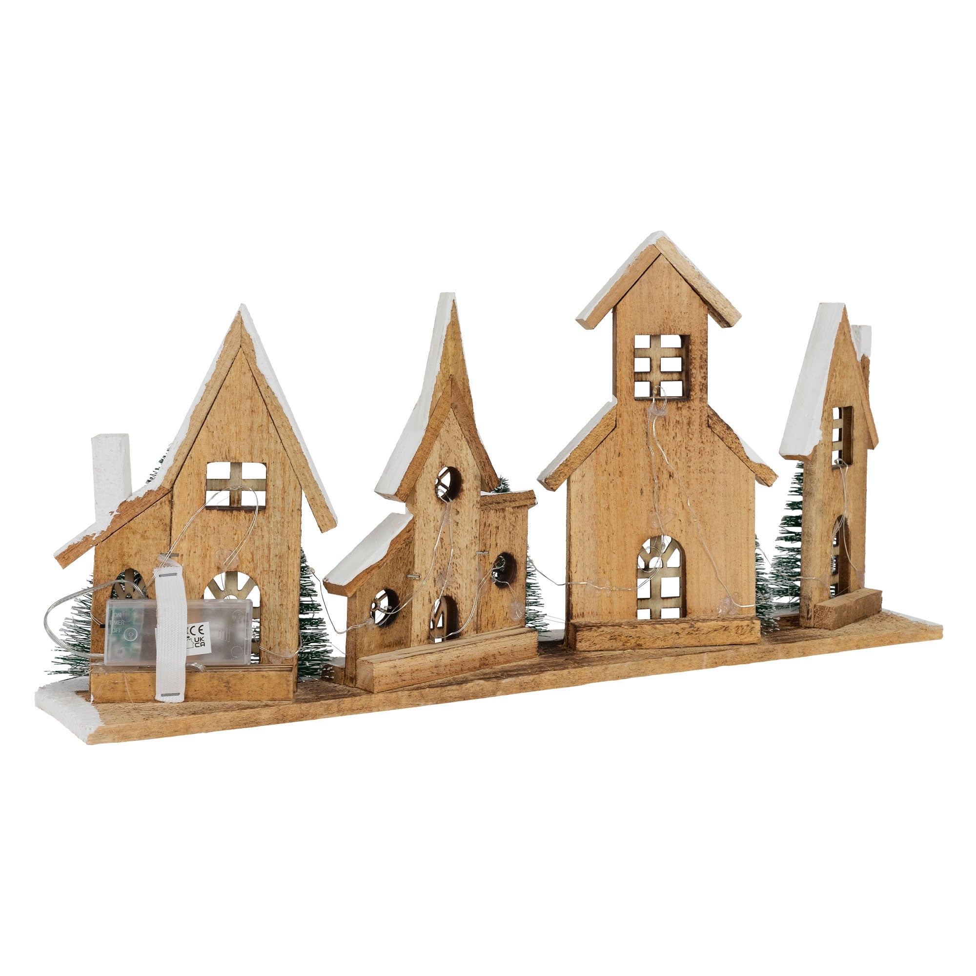 Wooden houses with windows and fir trees, mounted on a base.