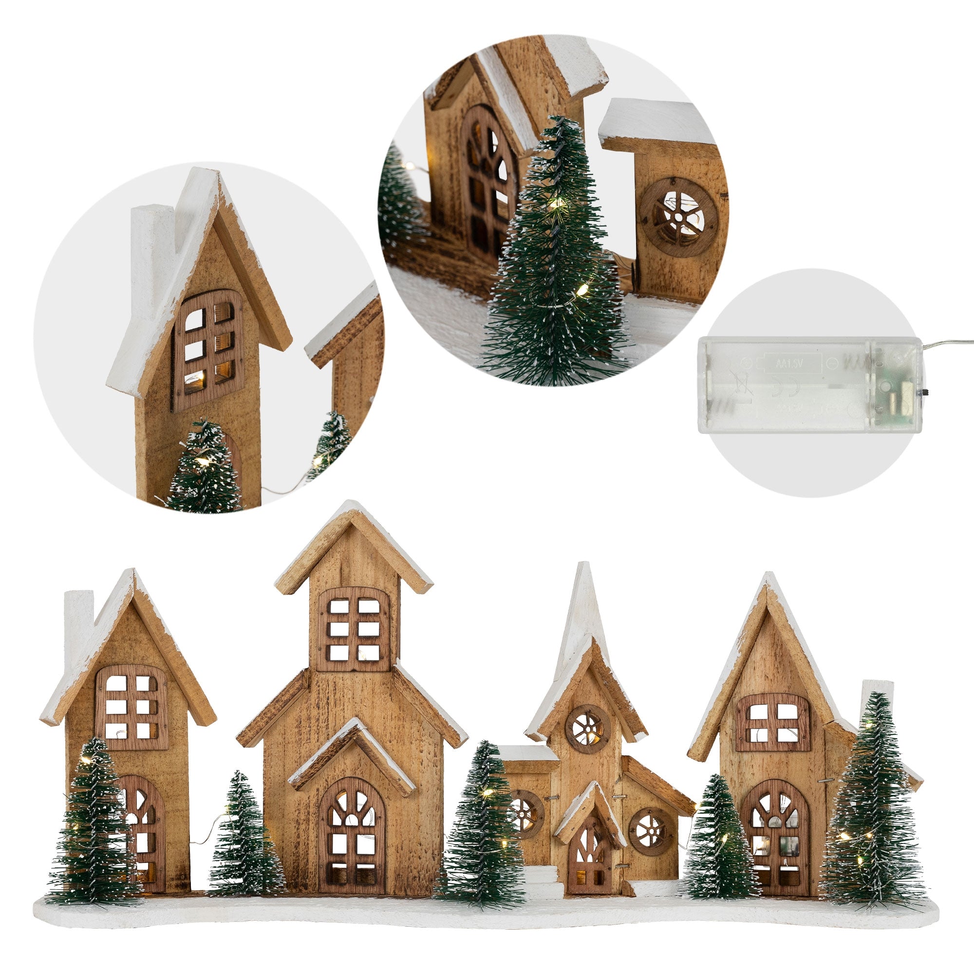 Five small wooden houses with windows and fir trees, decorated with snow.