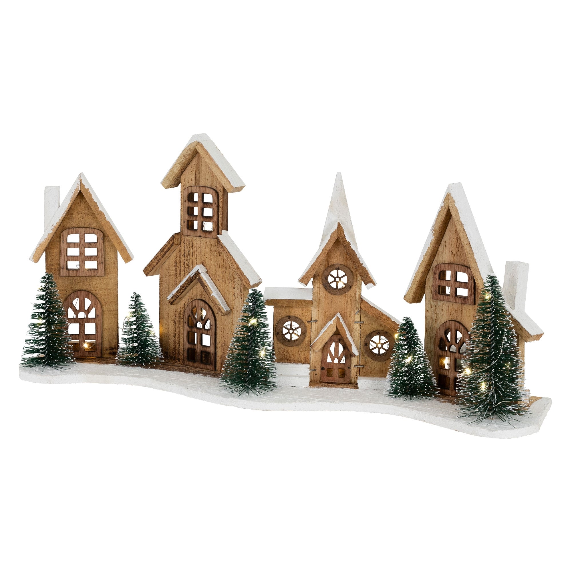 A group of five wooden houses with windows and small fir trees.