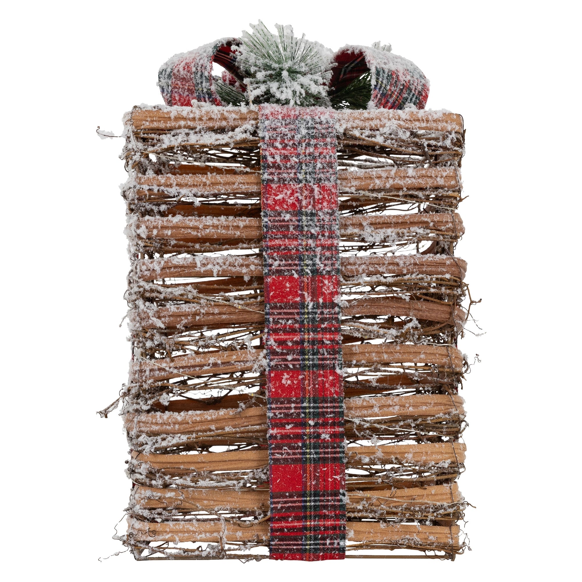 Ein Geschenkkorb mit rotem Band und Schnee.