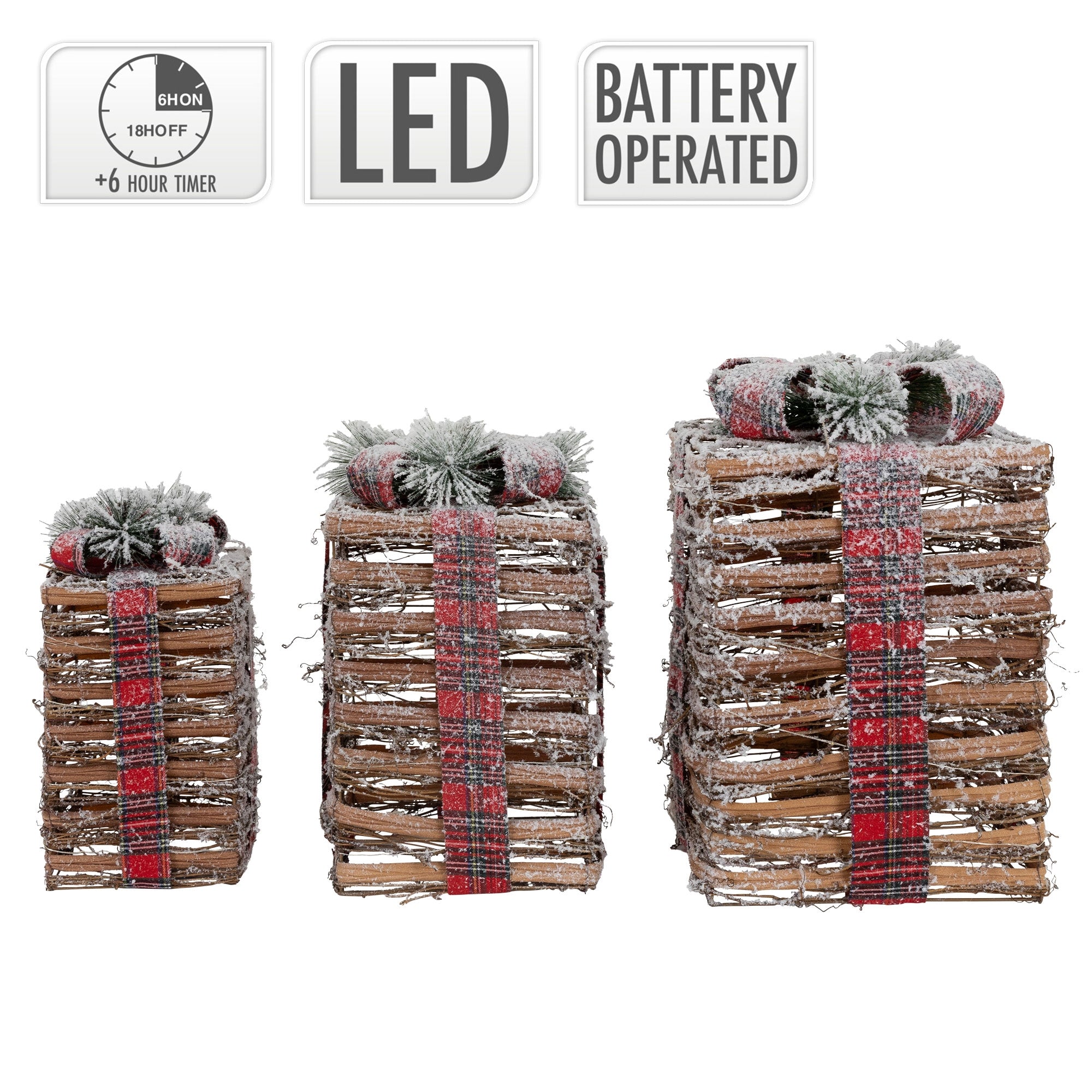 Drei dekorative Geschenkkörbe mit roten Schleifen und Tannenzweigen, LED-beleuchtet.