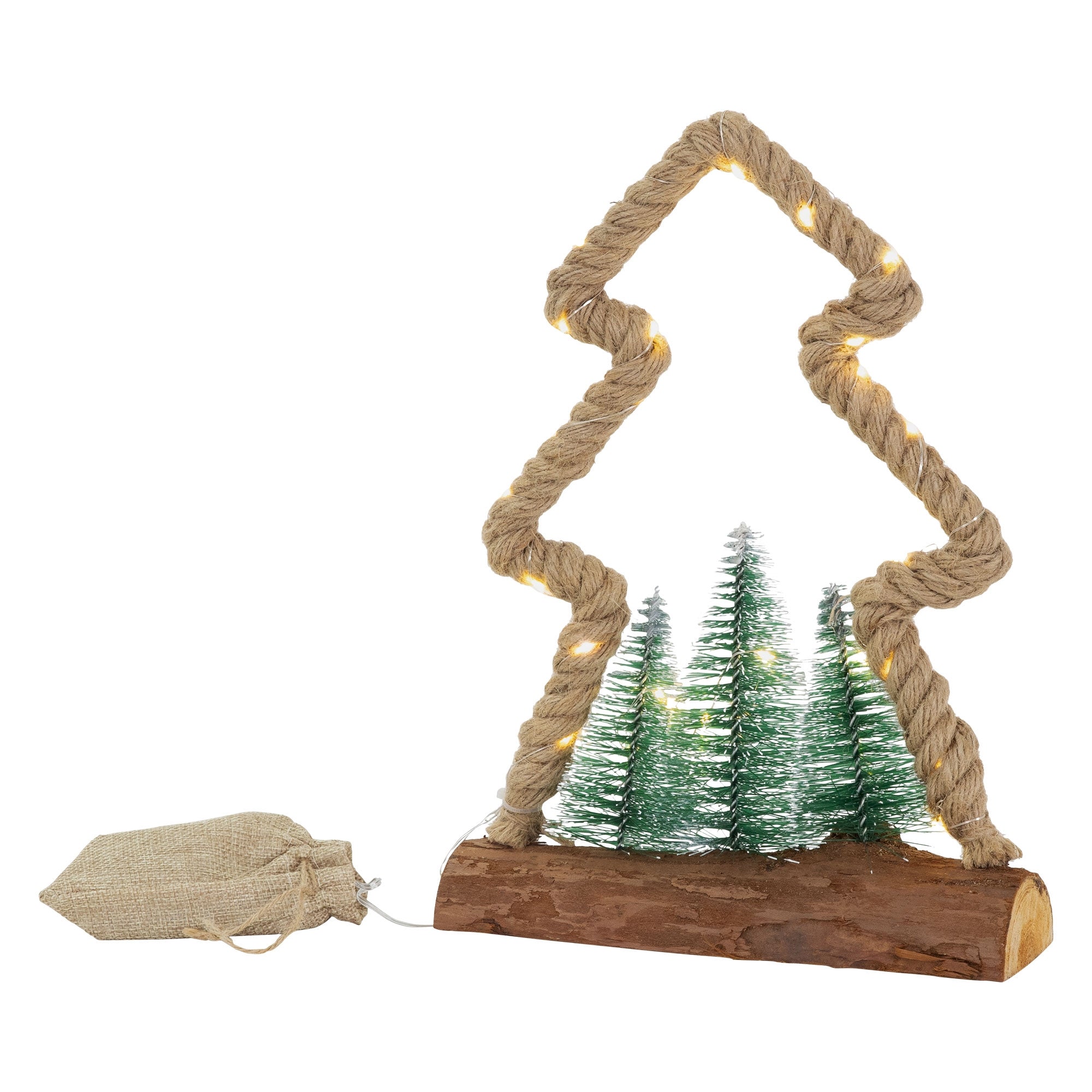 Dekorative Weihnachtsbaumfigur aus Seil mit kleinen grünen Tannen und Lichtern.
