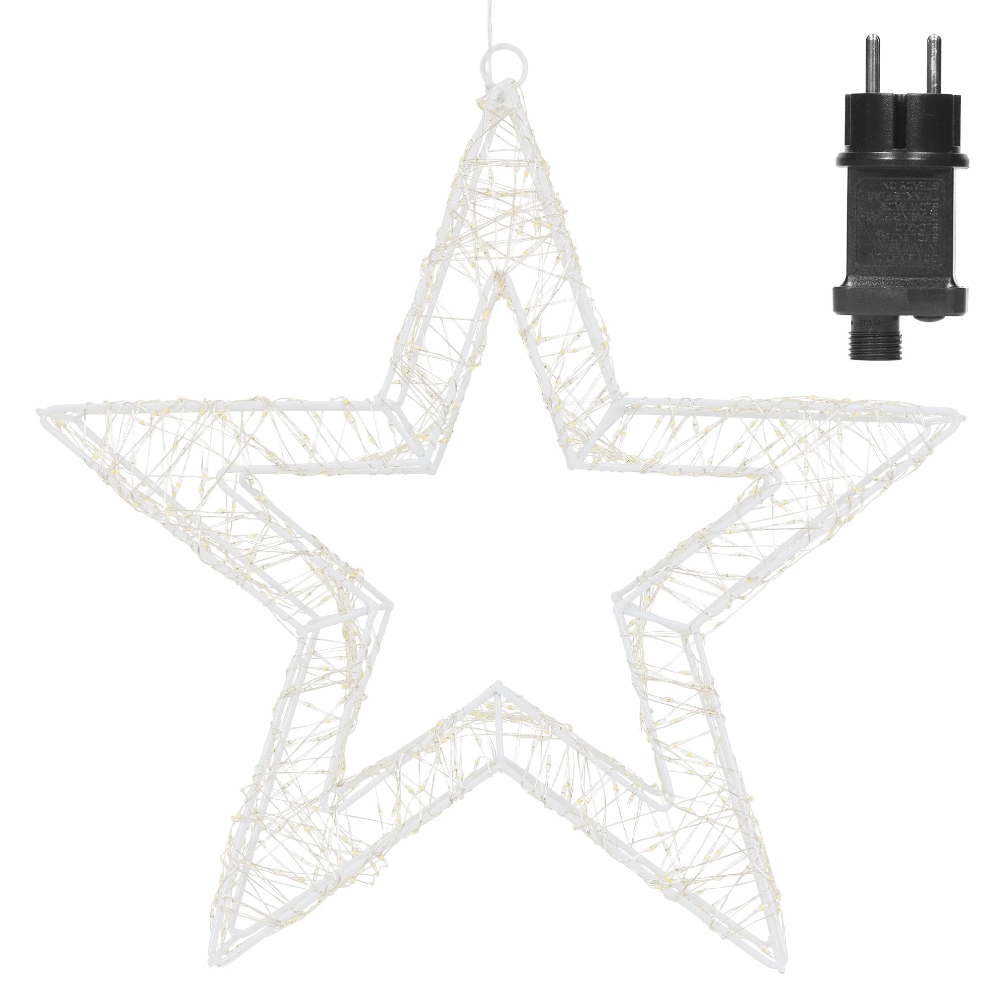 Weißer, dekorativer Stern aus Draht mit Lichtern und Stecker.