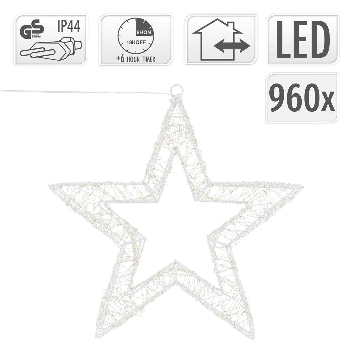 Drahtstern mit IP44-Schutz, LED-Beleuchtung und Timer-Funktion.