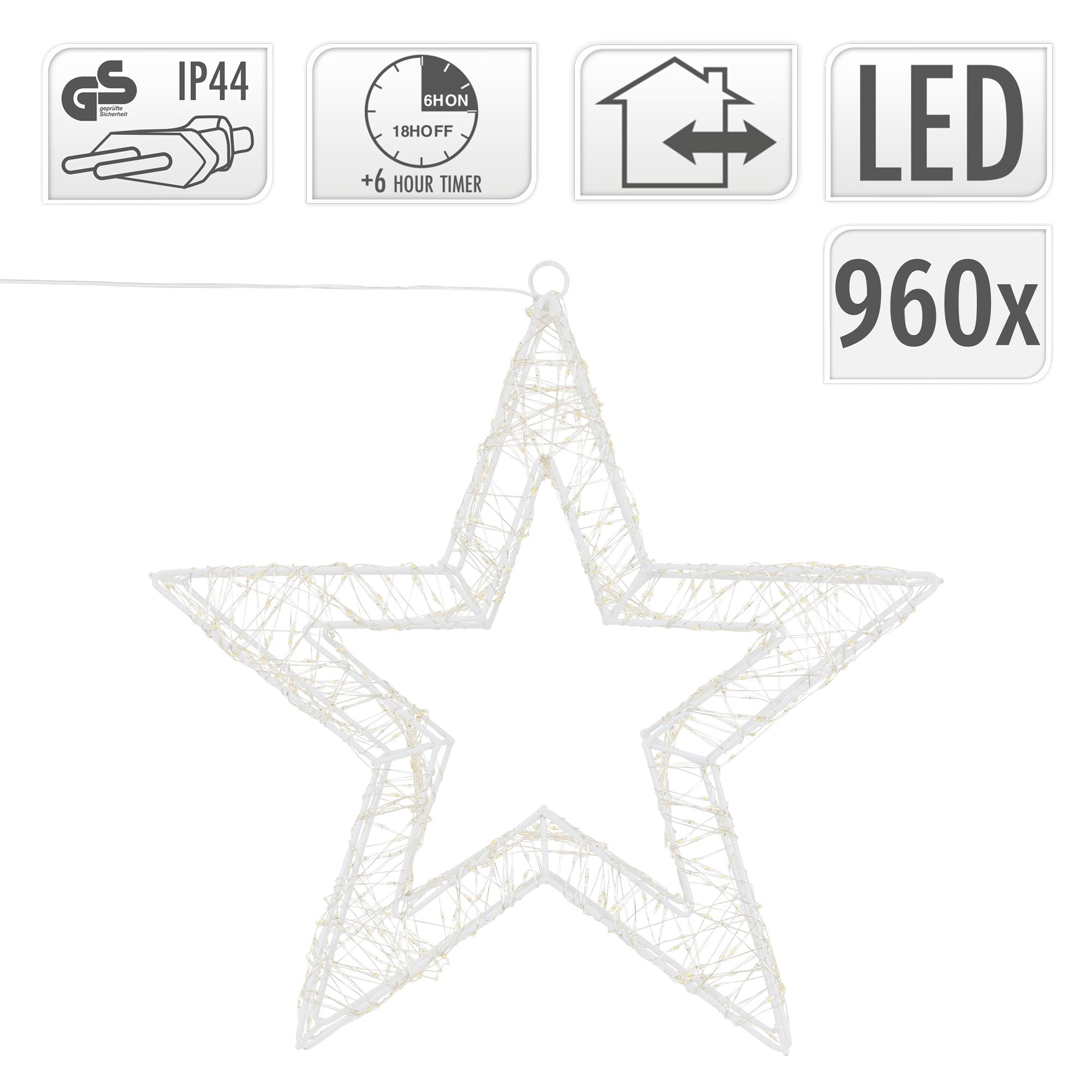 Drahtstern mit IP44-Schutz, LED-Beleuchtung und Timer-Funktion.