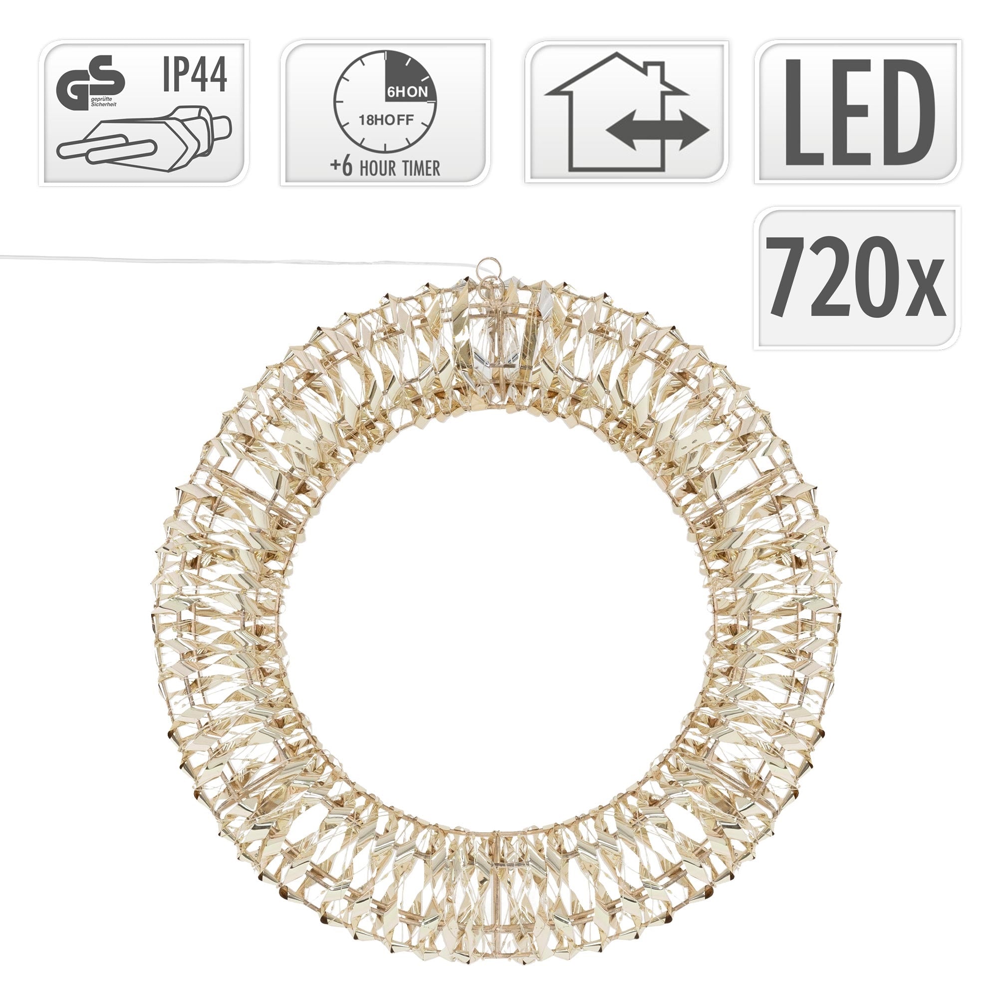 Goldfarbener Kranz mit LED-Symbolen und Timer-Informationen.