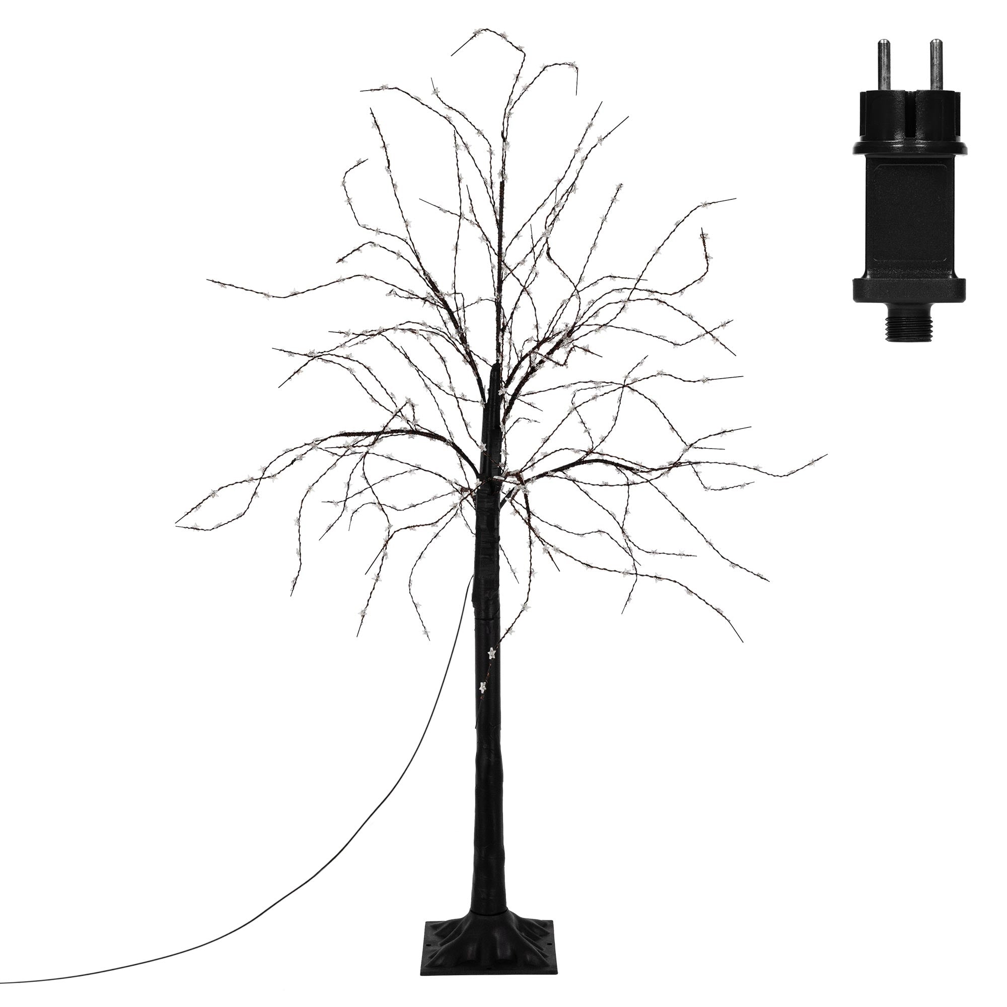 Dürrer Baum mit Kabel, daneben ein Stecker.