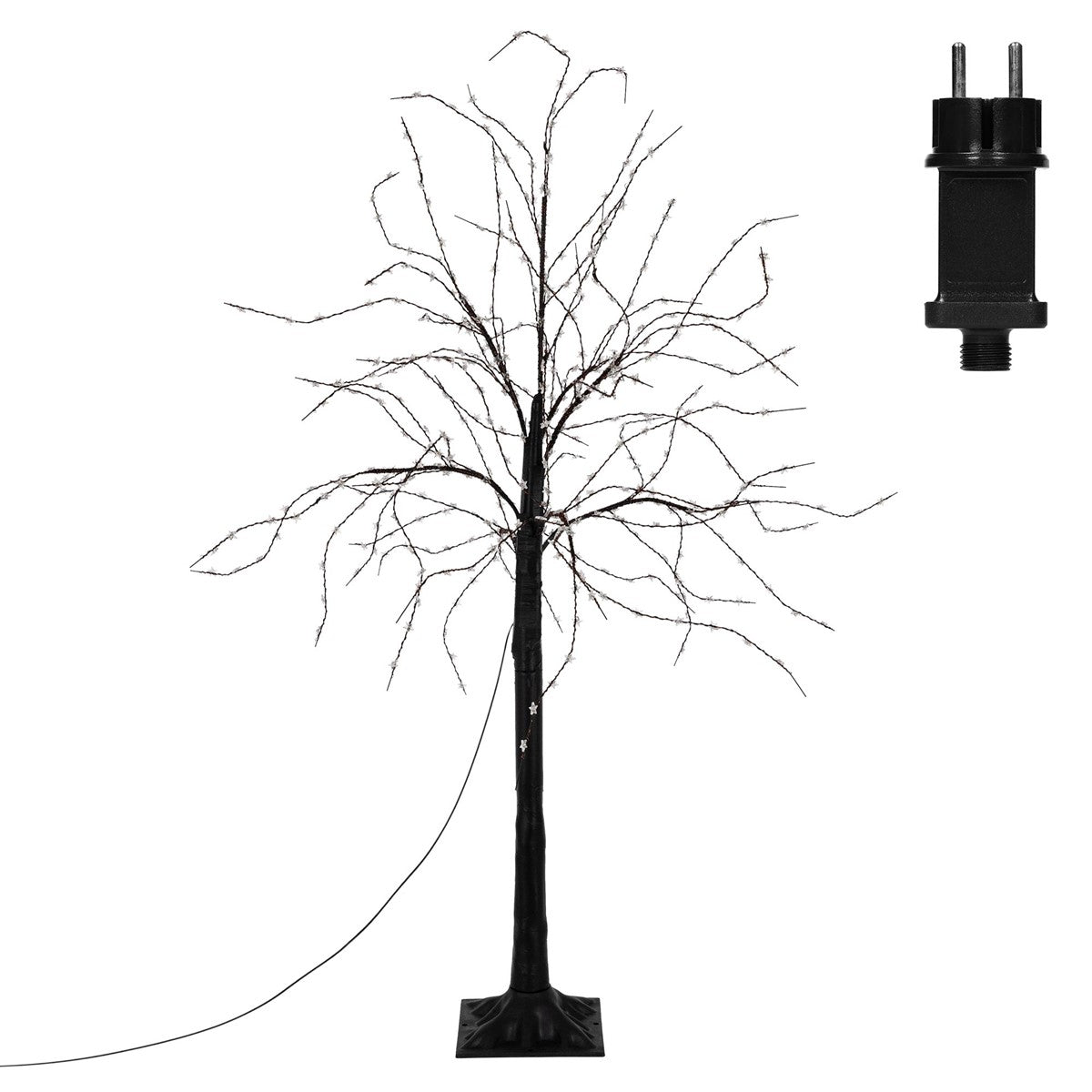 Dürrer Baum mit Kabel, daneben ein Stecker.