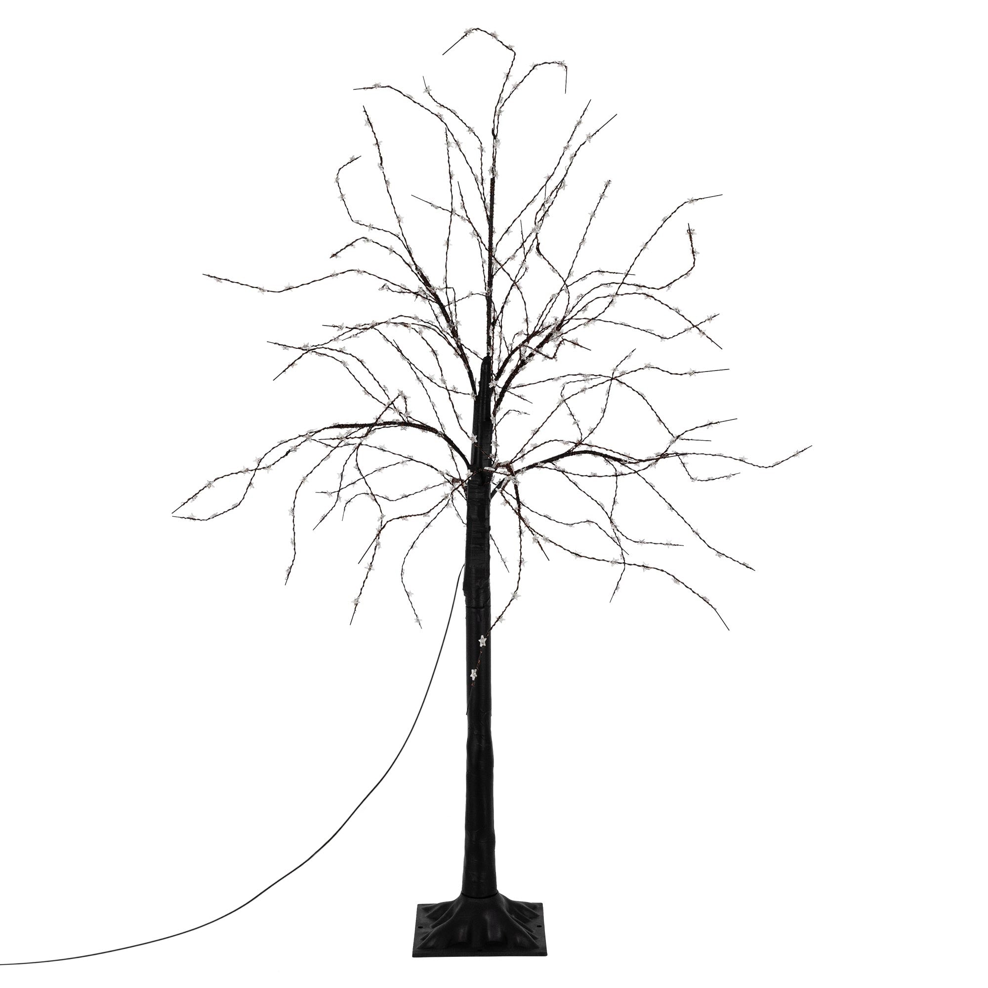 Dünner, beleuchteter Baum ohne Blätter auf einem Sockel.