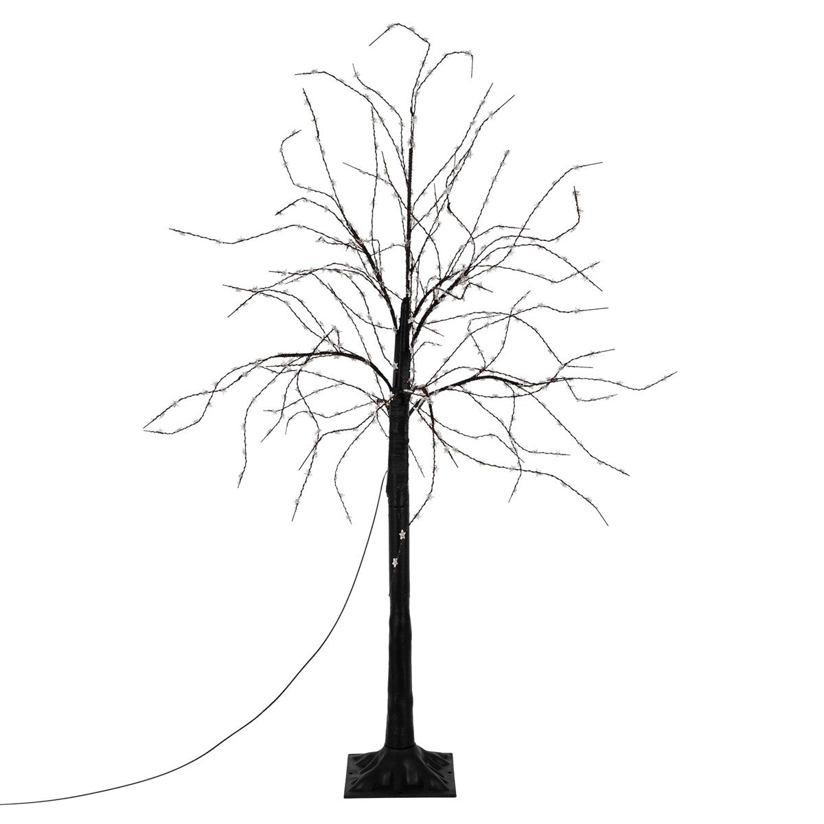 Dünner, beleuchteter Baum ohne Blätter auf einem Sockel.