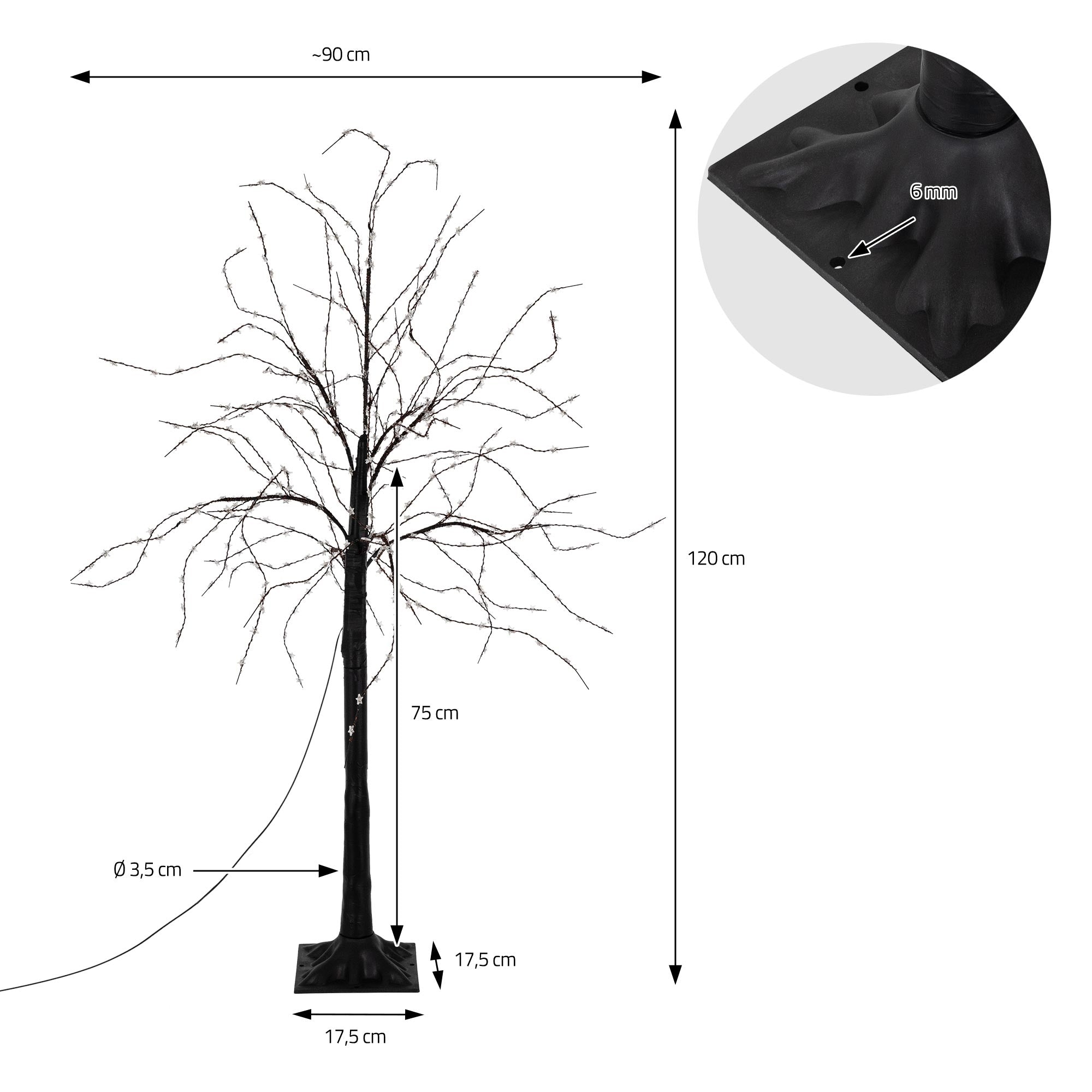 Schwarzfarbener Baum mit leeren Ästen, Maße und Diagramm dargestellt.