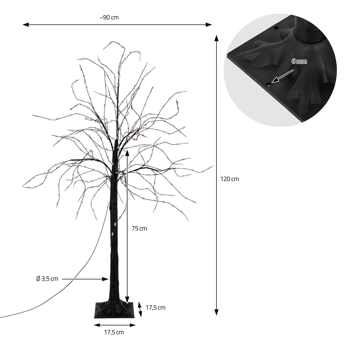 Schwarzfarbener Baum mit leeren Ästen, Maße und Diagramm dargestellt.
