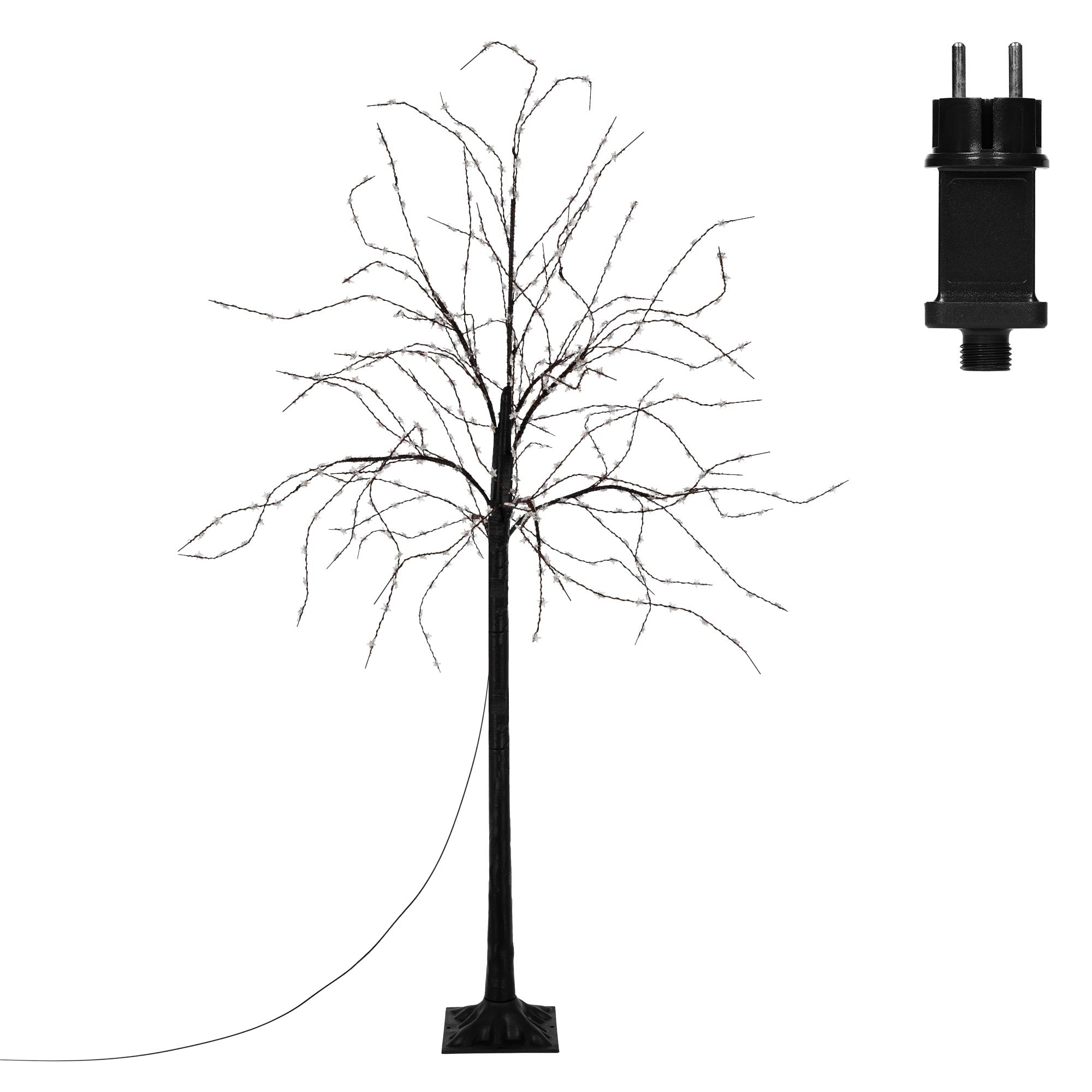Dürrer Baum mit Kabel, daneben ein Stecker.