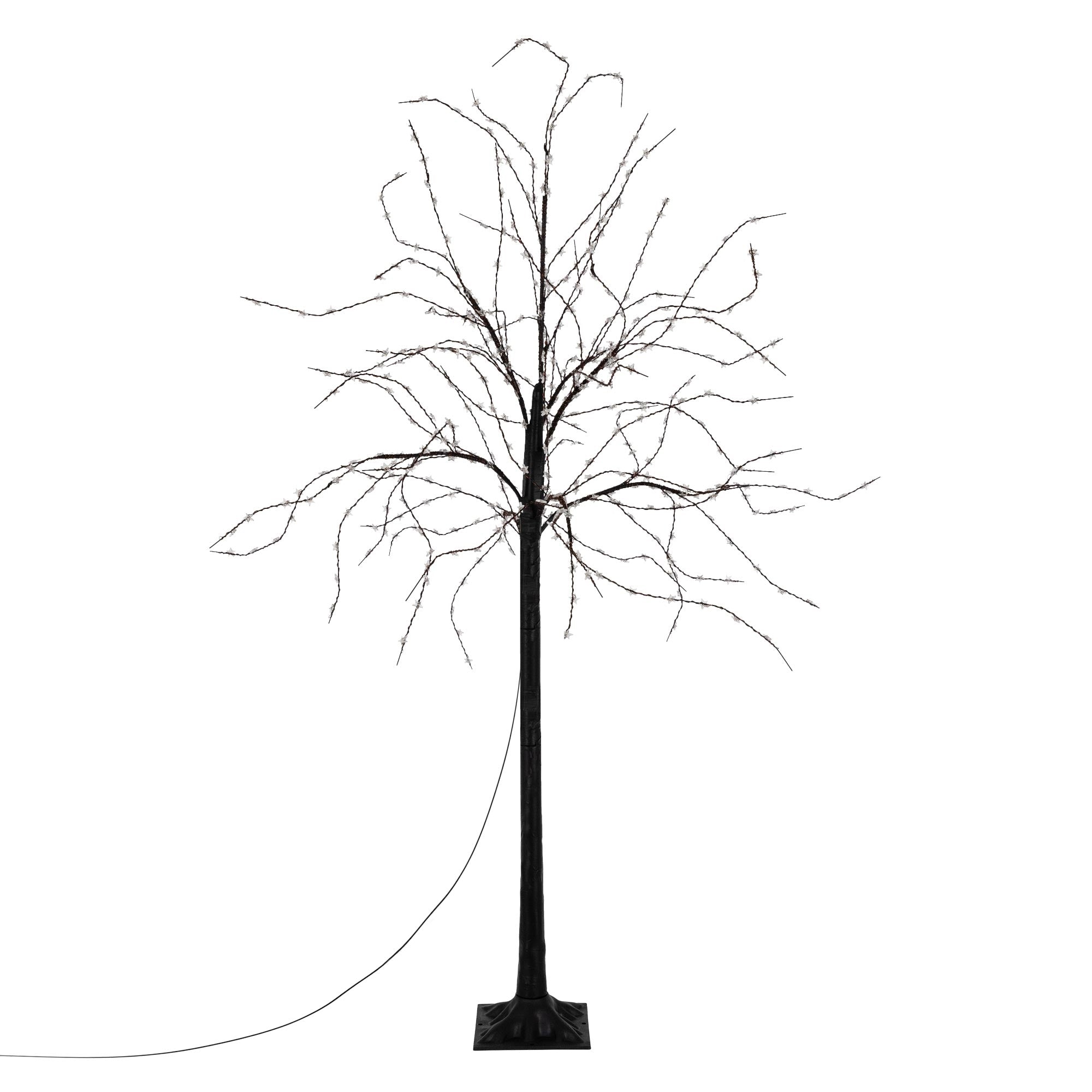 Dünner, unbeleuchteter Baum ohne Blätter, mit Kabel, vor weißem Hintergrund.