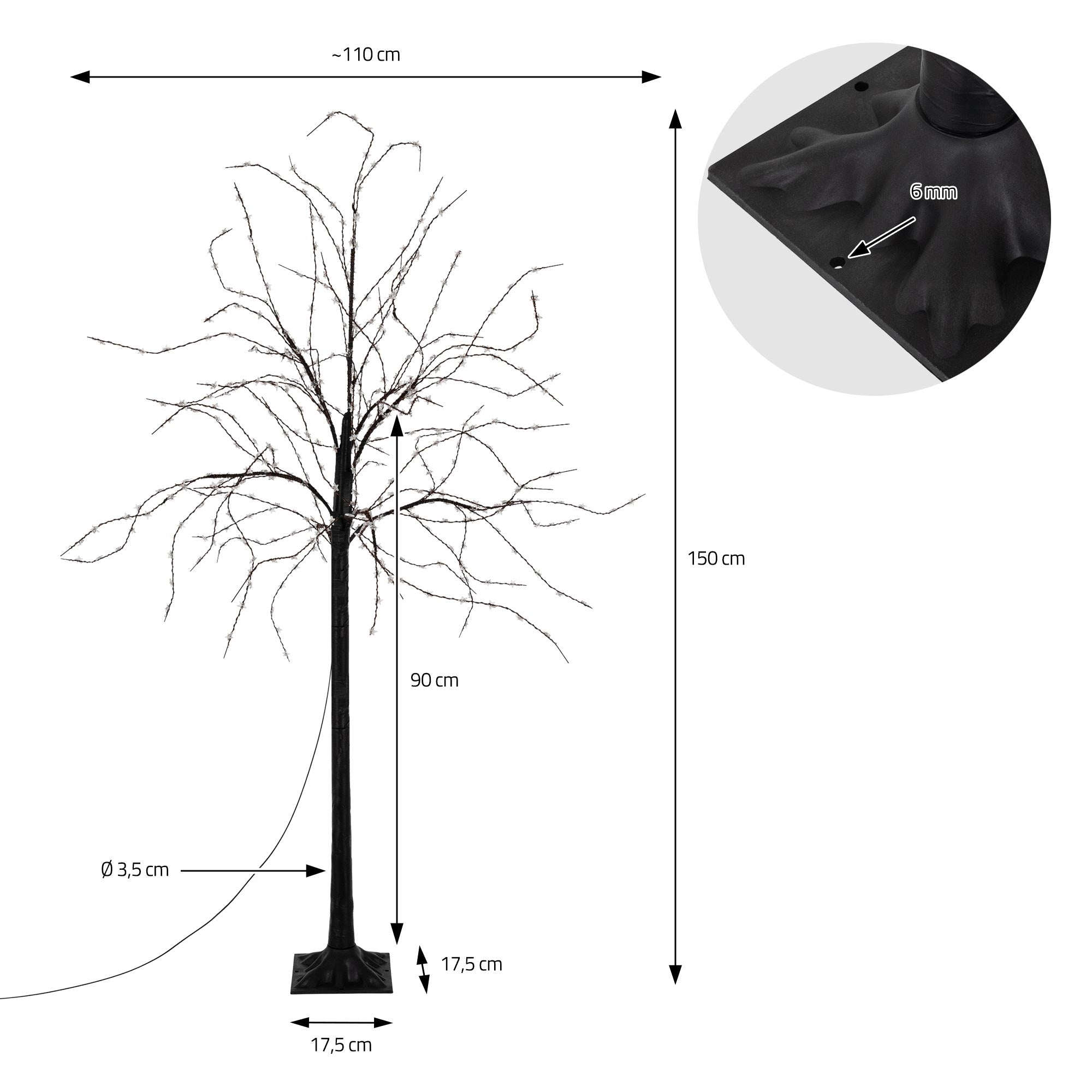 Schwarzfarbener Baum mit leeren Ästen, Maße und Diagramm dargestellt.
