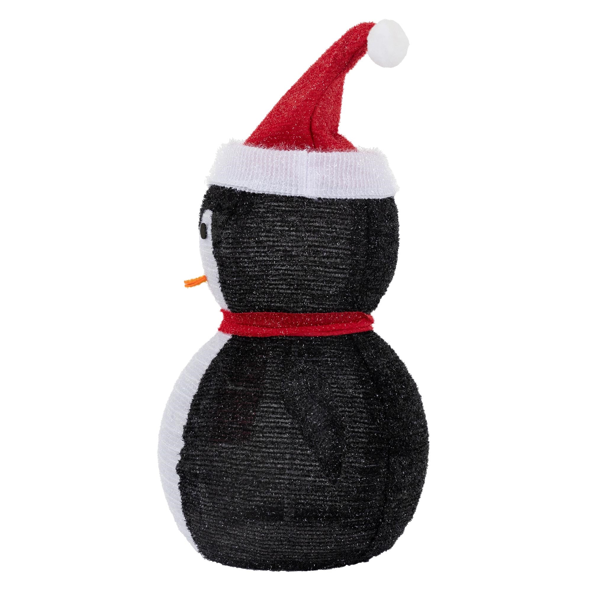Schwarzer Pinguin mit rotem Hut, seitliche Ansicht.
