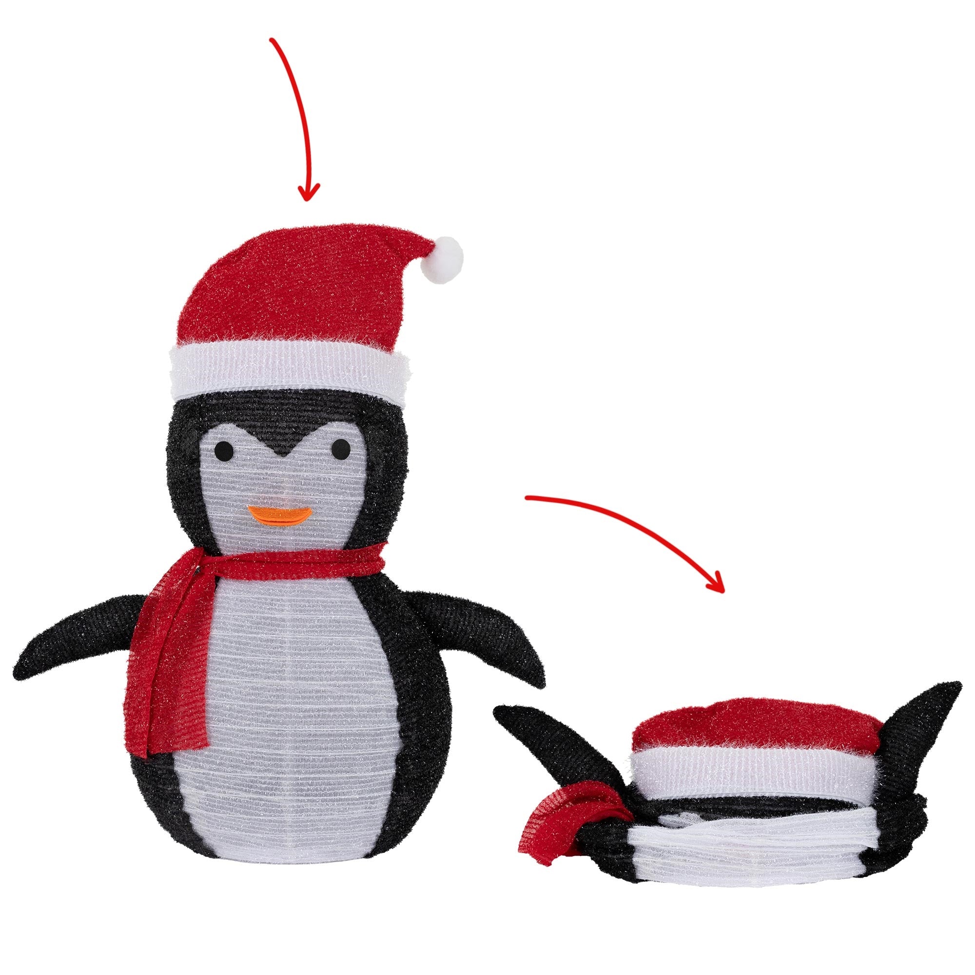 Ein dekorativer Pinguin mit rotem Hut und Schal, der zusammengeklappt werden kann.