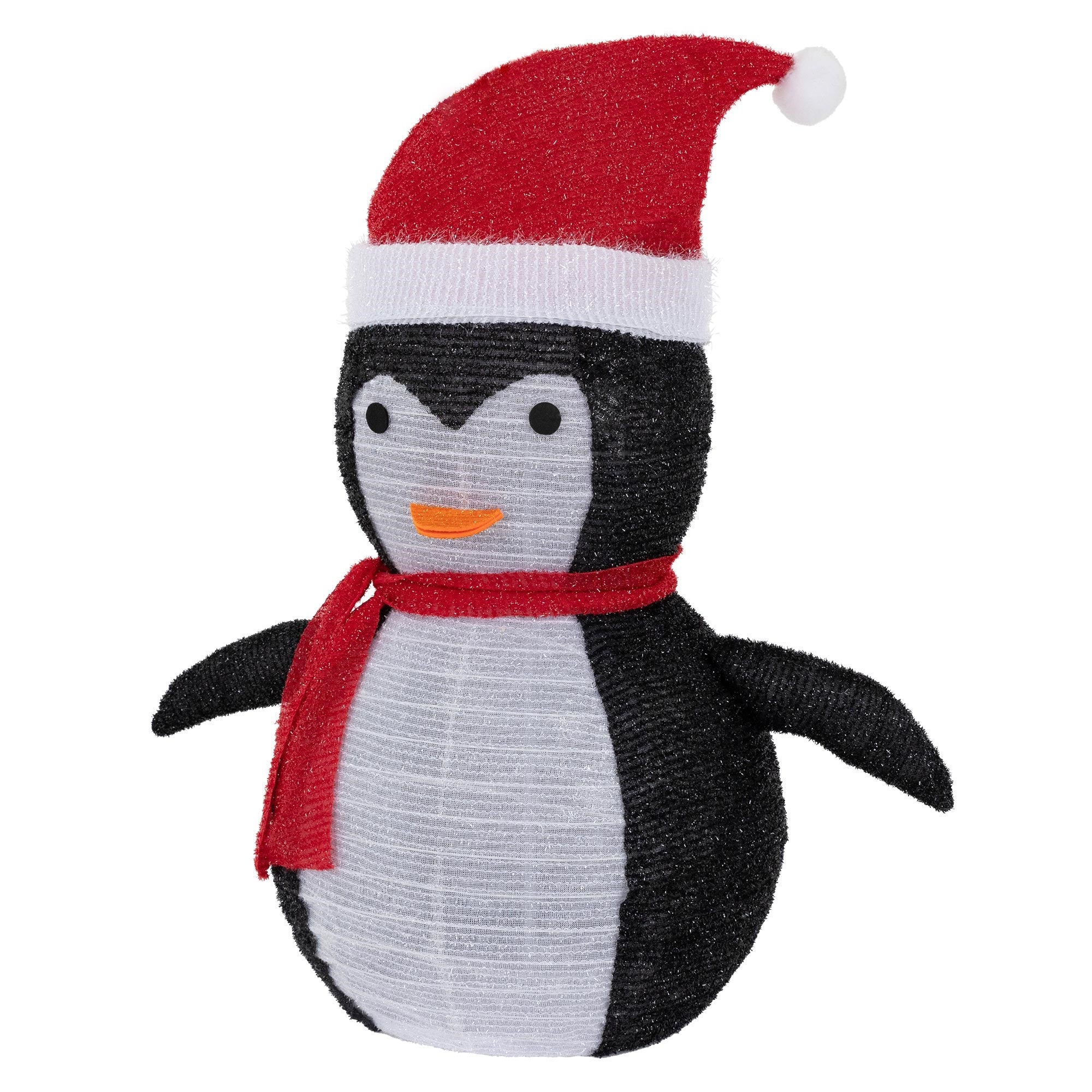 Schwarzer Pinguin mit rotem Hut und Schal, frontale Ansicht.