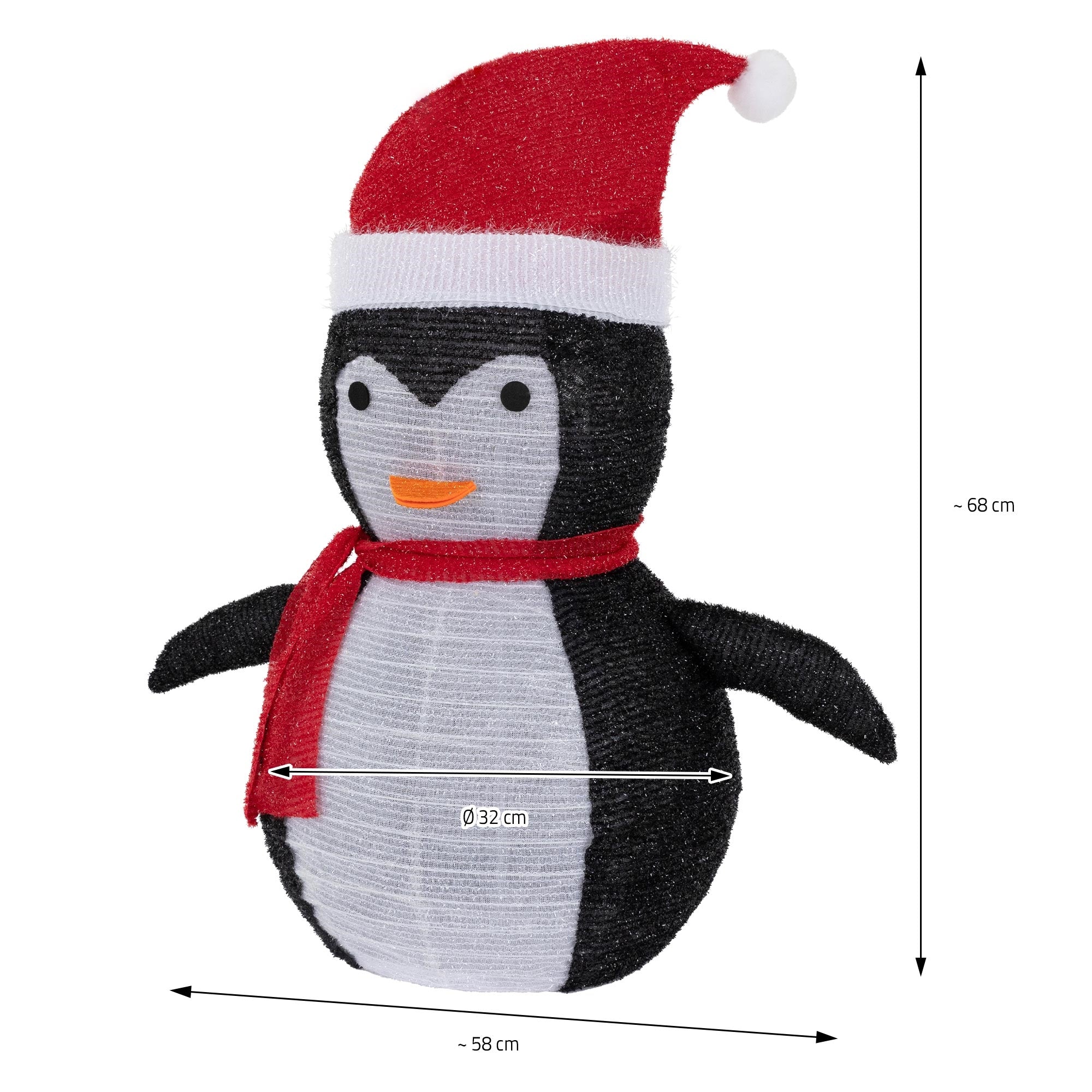 Pinguin mit rotem Hut und Schal, Maße: 68 cm hoch, 58 cm breit.
