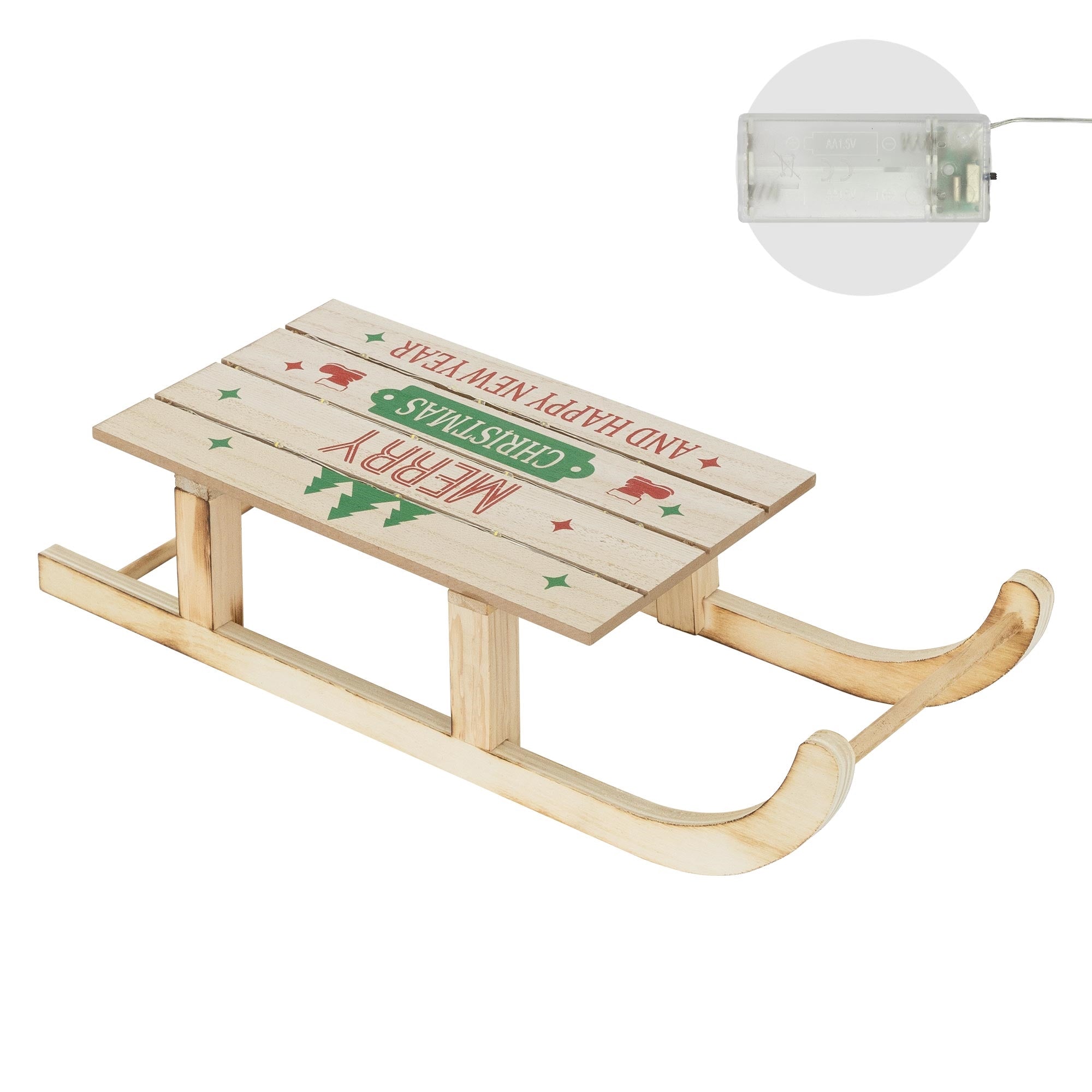 Slitta di legno con la scritta 'Buon Natale' e motivi natalizi.