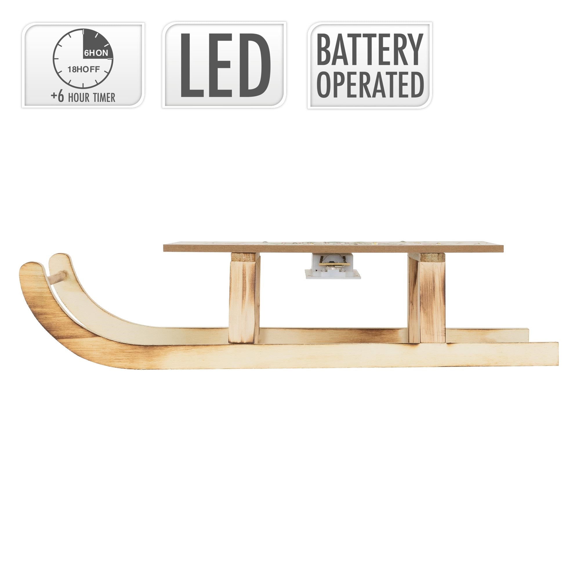 Vista laterale di una slitta di legno con LED e funzionamento a batteria.