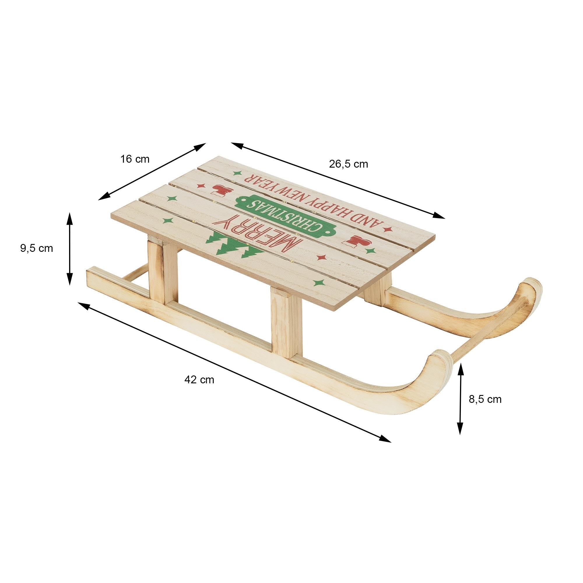Slitta di legno con motivo natalizio, dimensioni: 42 x 26,5 x 8,5 cm.