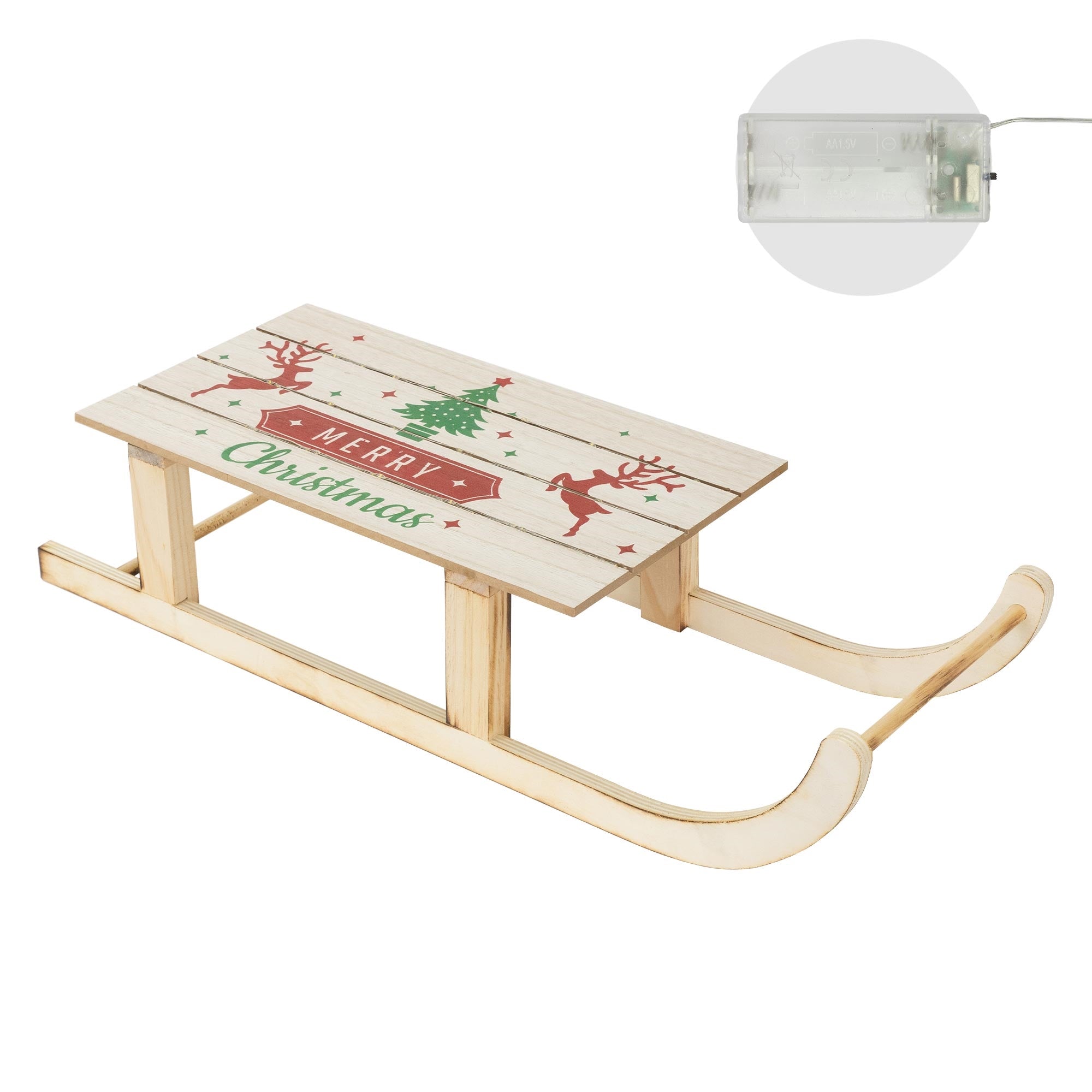 Wooden sled with Christmas motif and a transparent control unit.