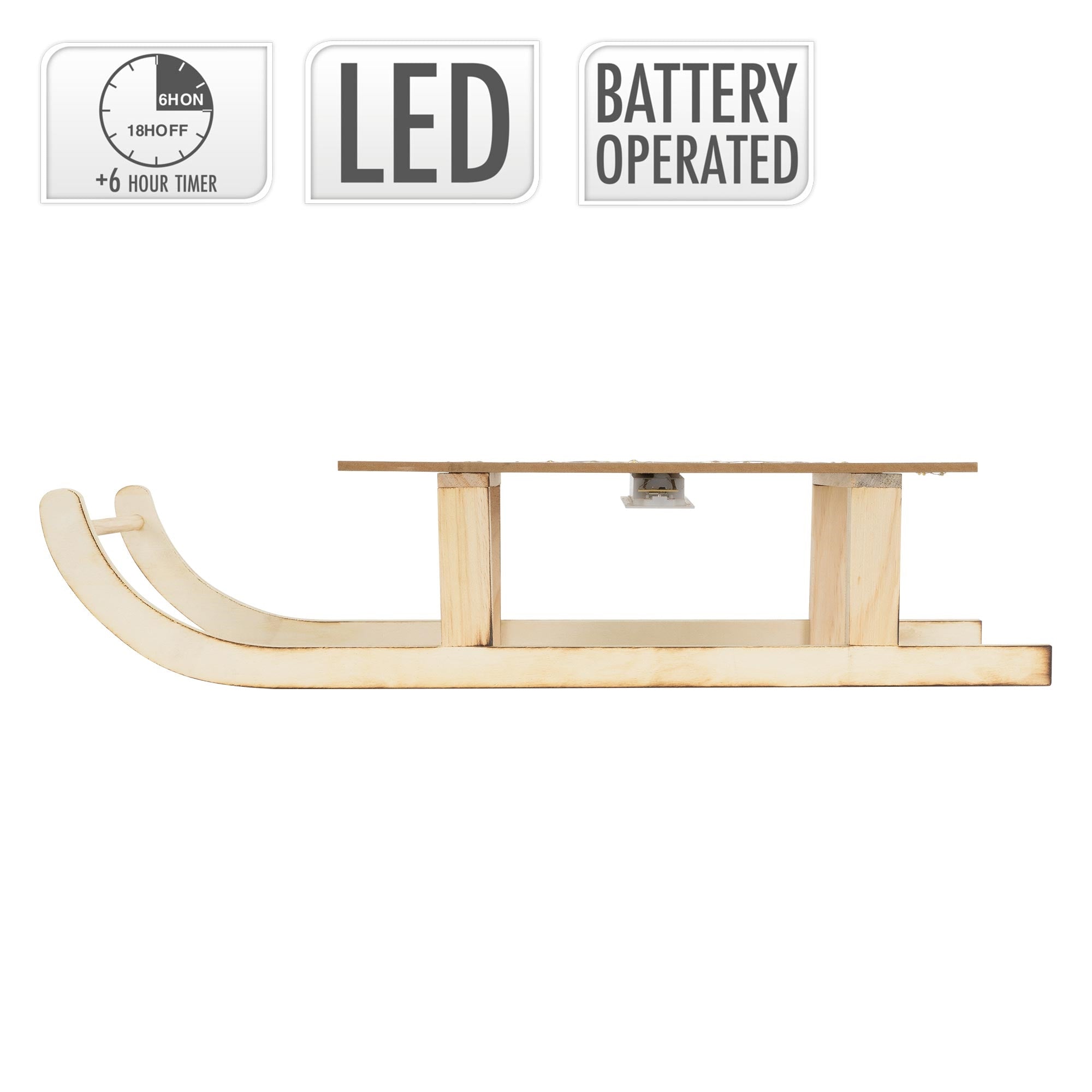 Side view of a wooden sled with LED and battery operation.