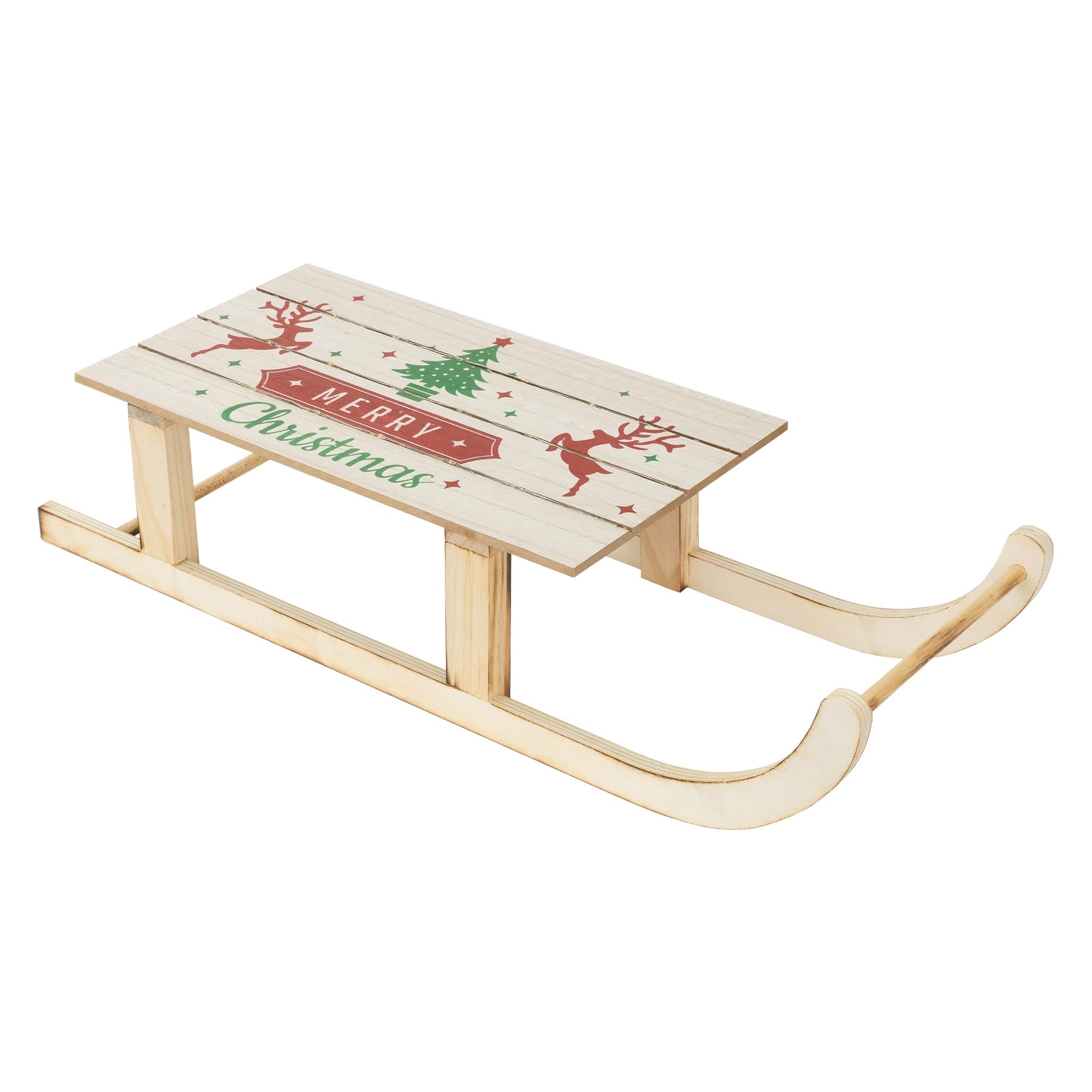 Ein Holzschlitten mit Weihnachtsmotiven auf einer weißen Fläche.