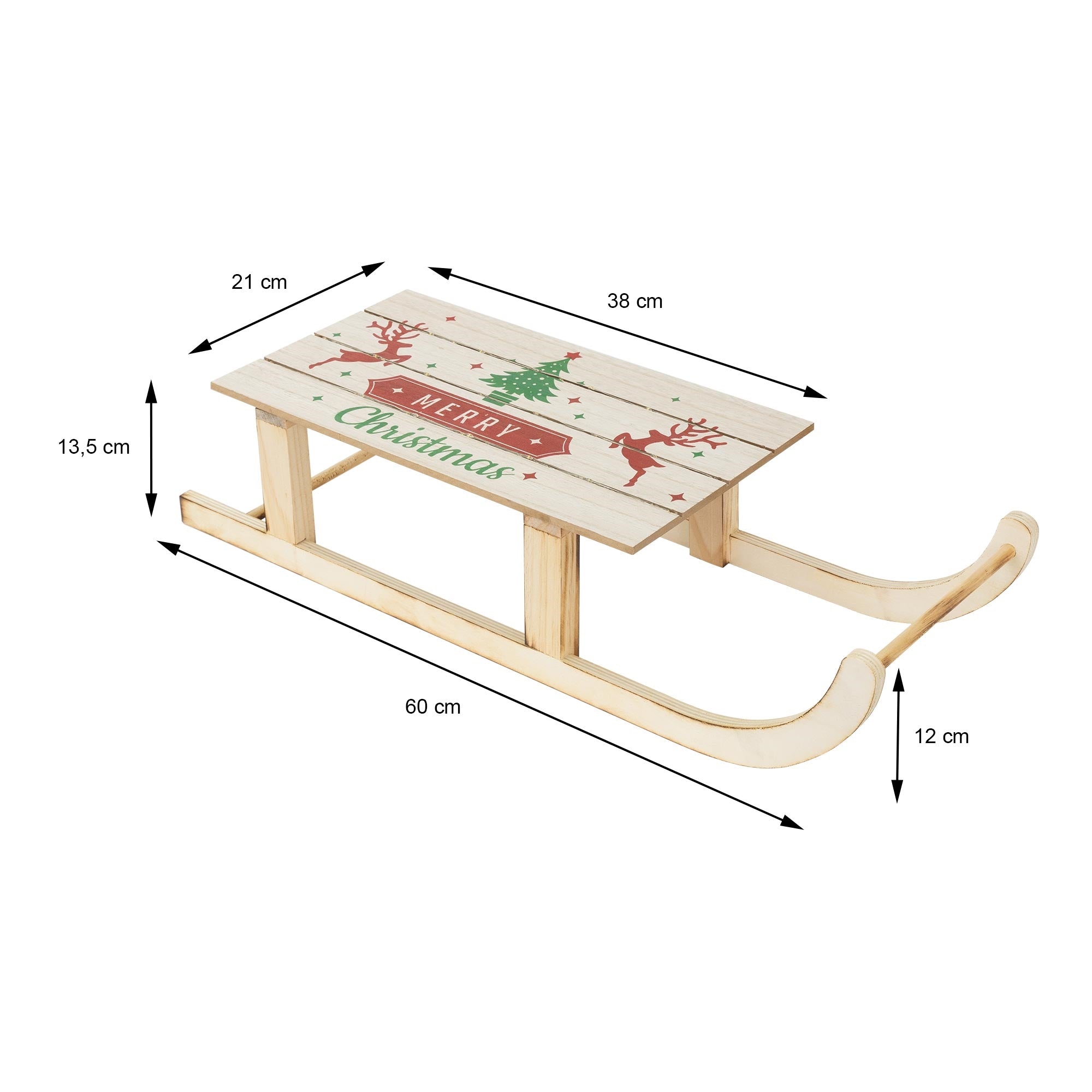 Wooden sled with Christmas motif, dimensions: 60 x 38 x 12 cm.