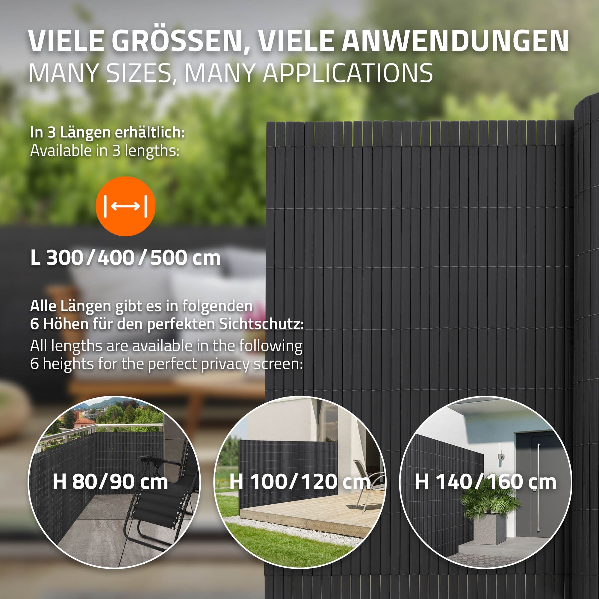 Grafik mit verschiedenen Größen und Anwendungen für Sichtschutz, zeigt Maße und Höhen.