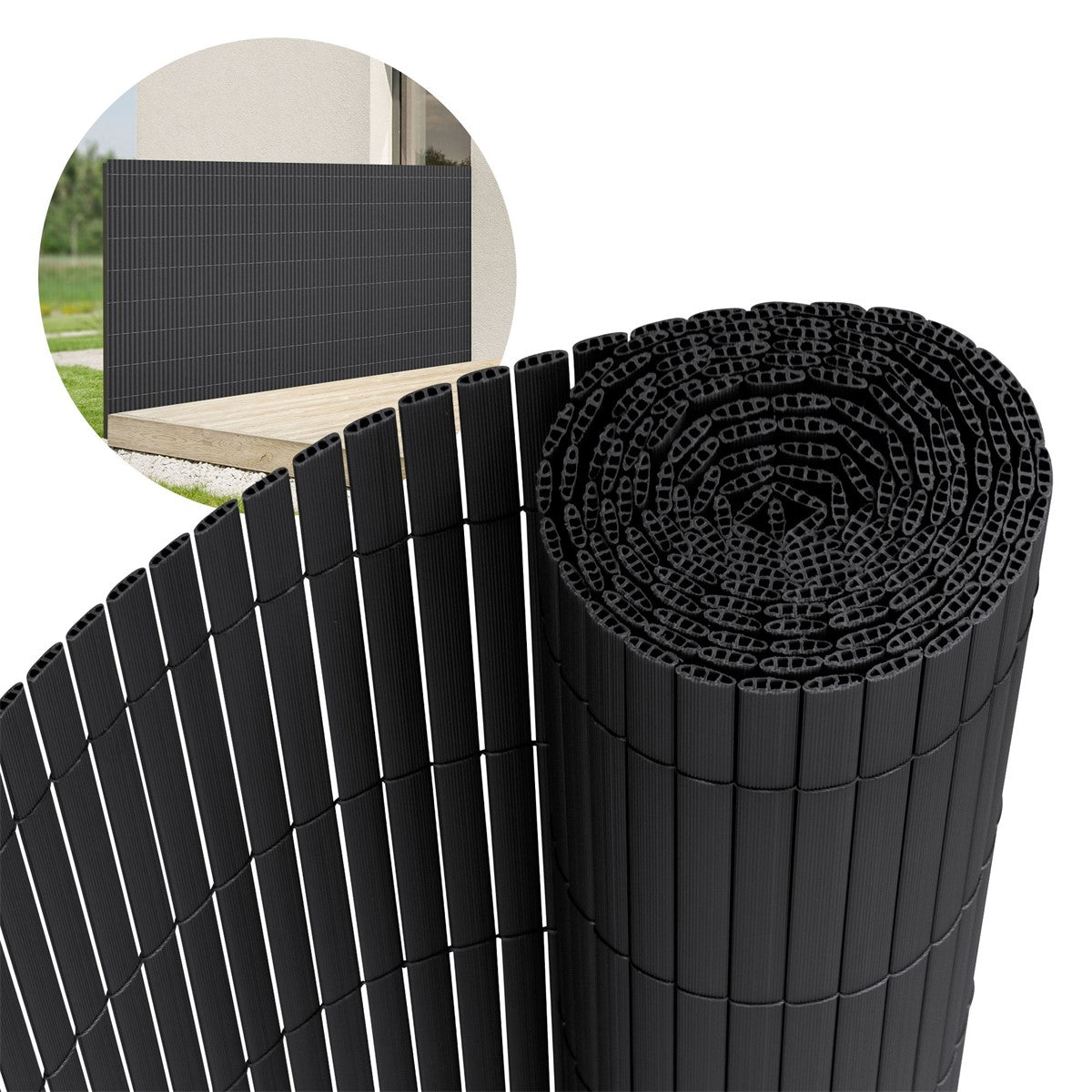 Rolled-up and upright privacy screen, both in anthracite.